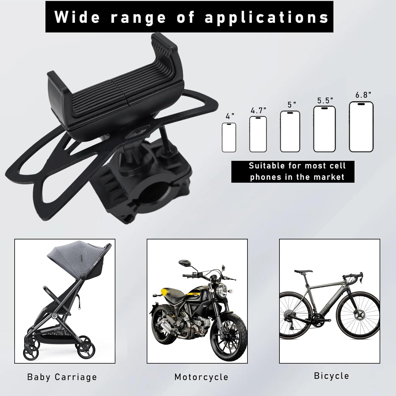 Soporte de teléfono para bicicleta, soporte de motocicleta ajustable giratorio de 360, soporte universal antivibraciones para teléfono celular,