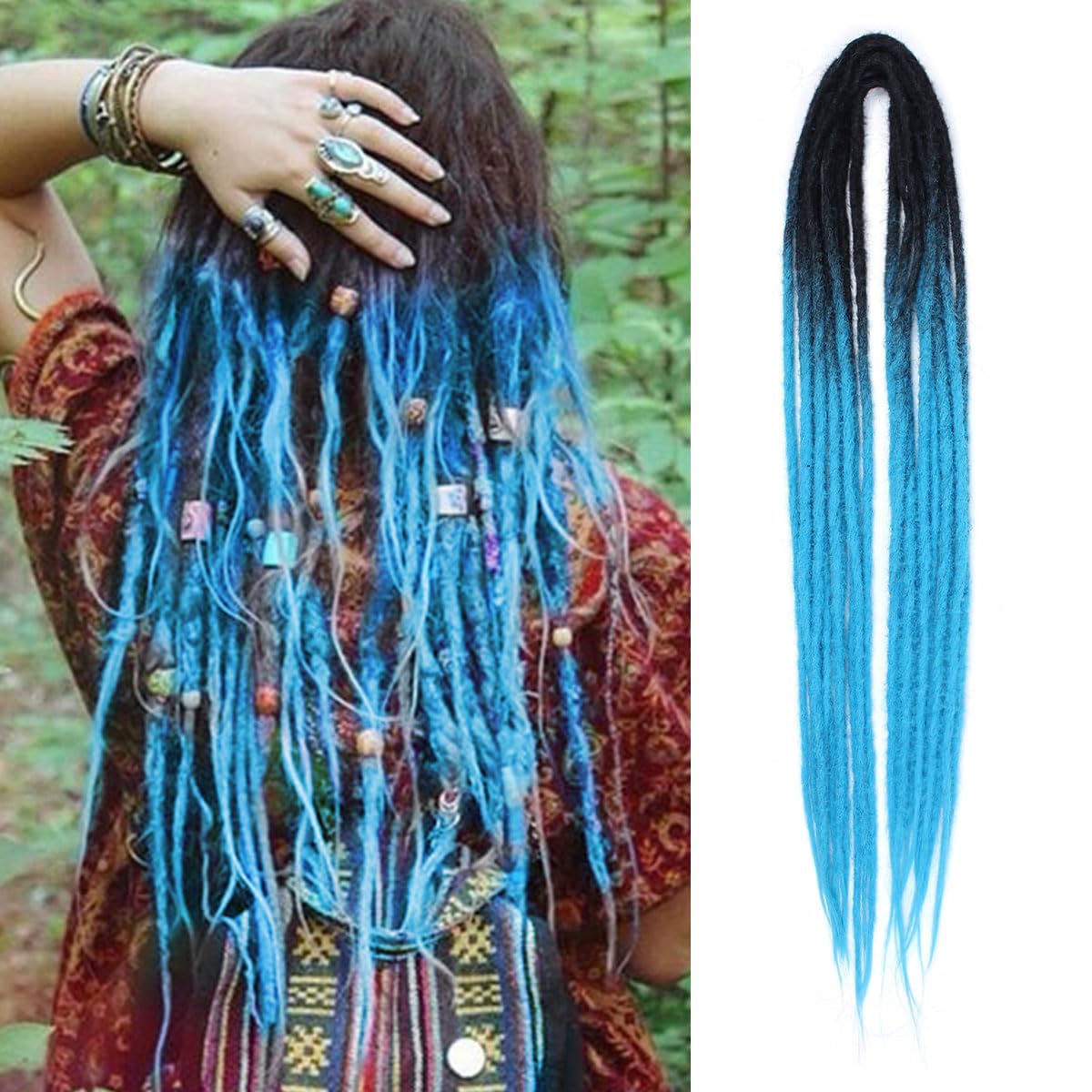 Extensiones de rastas sintéticas de doble punta de 24 pulgadas, 0.2 in, finas, suaves, falsas, 15 unidades, extensiones de rastas color azul