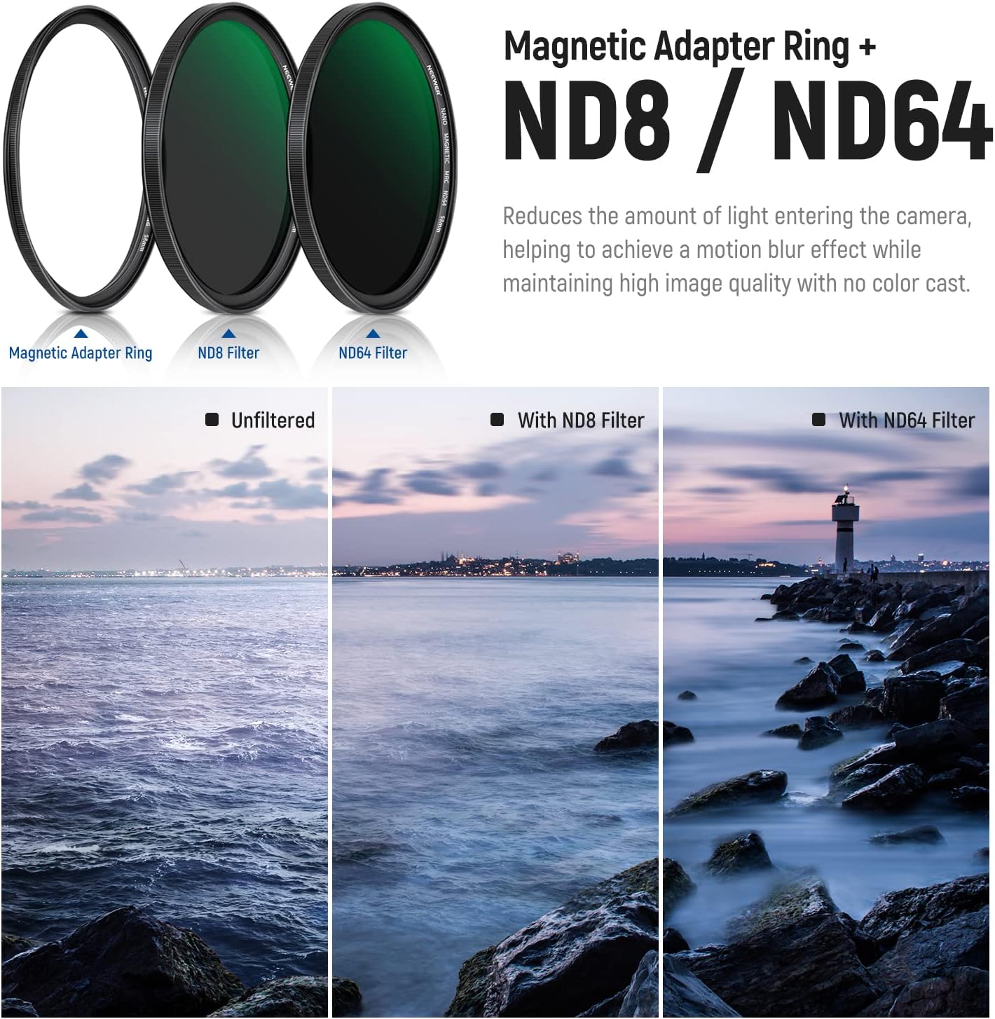 NEEWER Juego de filtros magnéticos de lente ND 5 en 1 de 2.283 in, filtro de difusión negra 14, anillo adaptador magnético GND8, ND8, ND64, vidrio