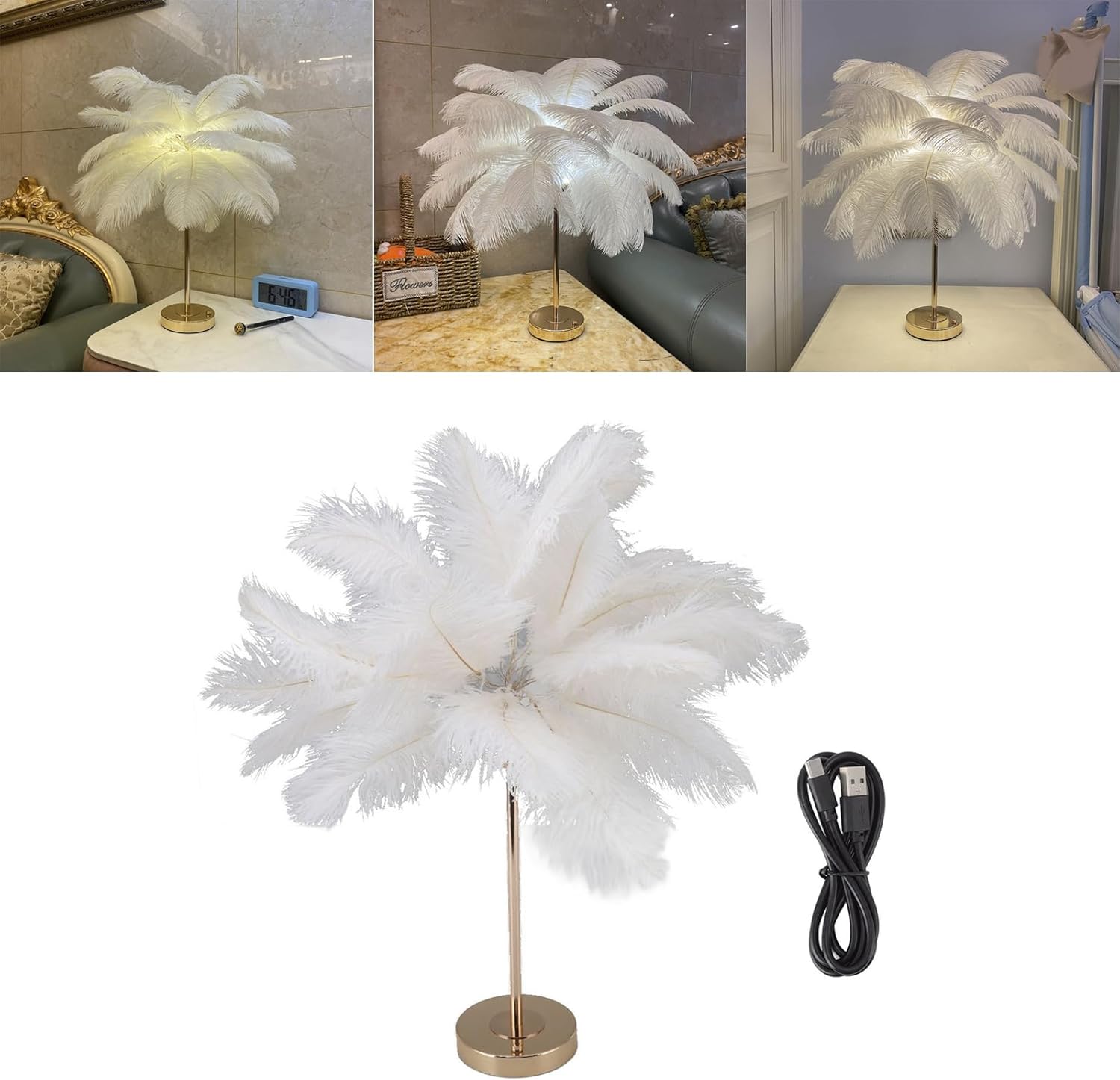 Gugxiom Lámpara de plumas de avestruz, lámpara de mesa de plumas USB, lámpara de princesa, mesita de noche estética, lámpara de escritorio dorada,
