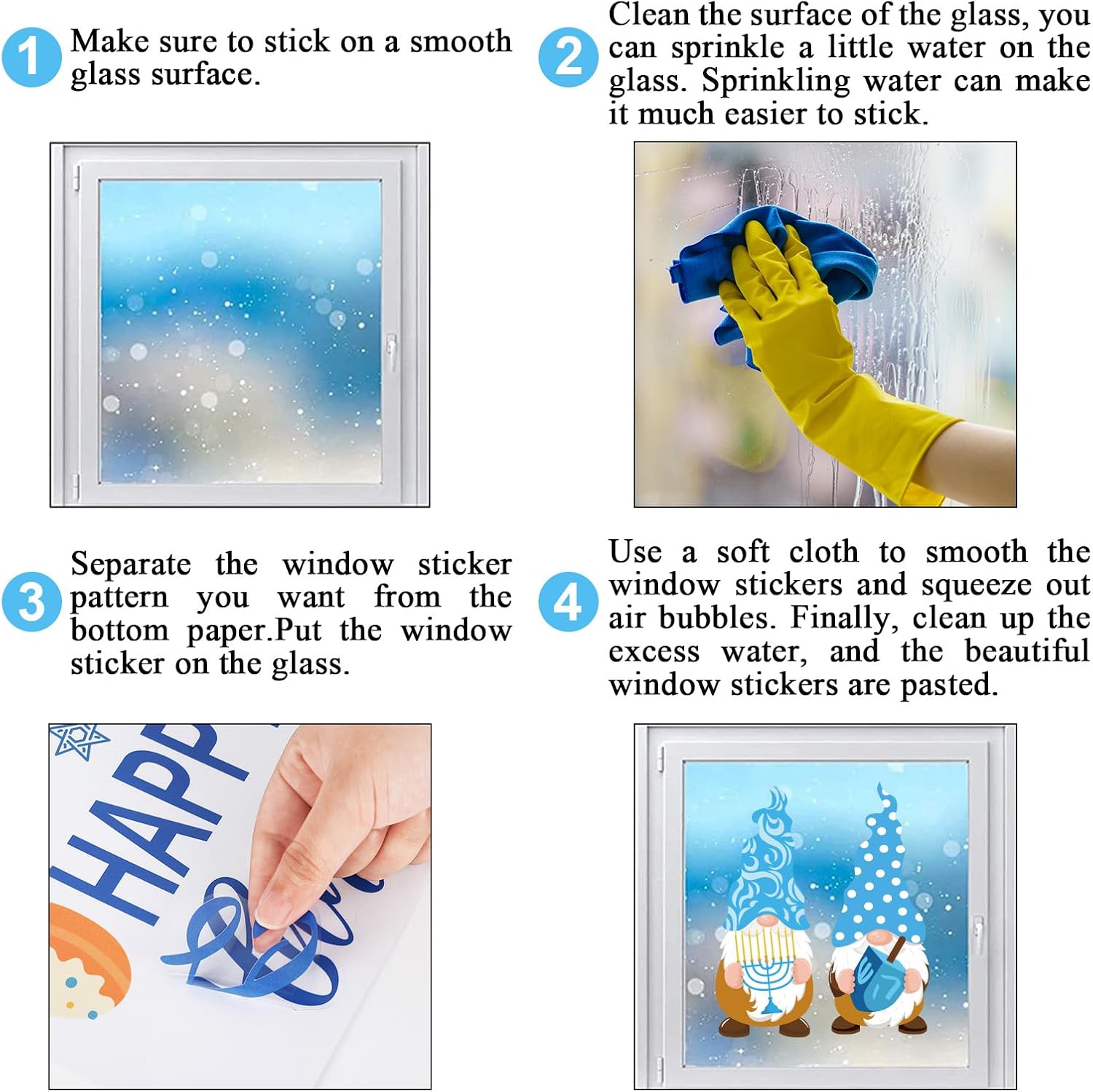 Whaline 151 calcomanías de ventana de Hanukkah de doble cara con diseño de gnomo de estrella de menorá azul-dorado, calcomanías de ventana con