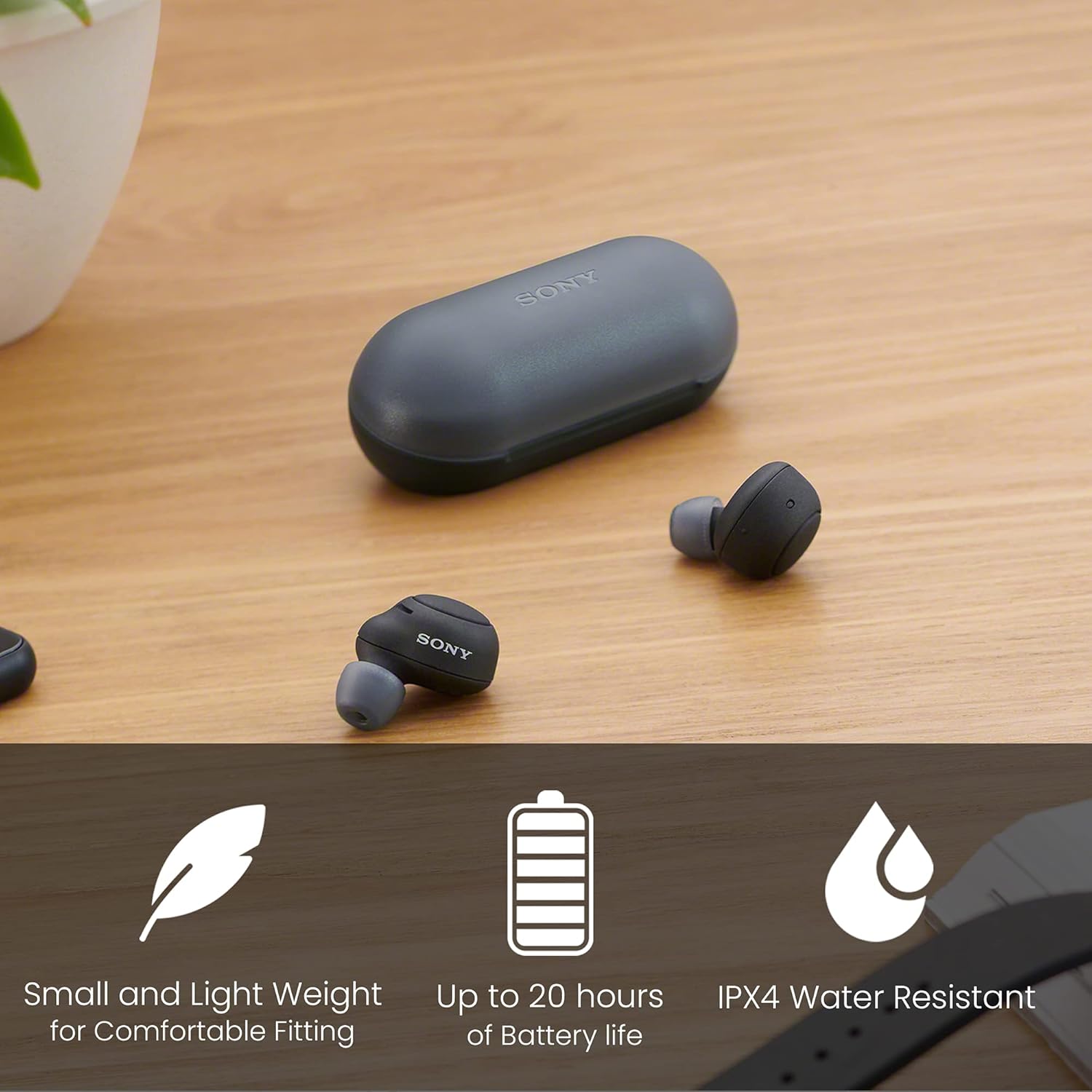 Sony Auriculares inalámbricos verdaderos, batería de hasta 20 horas, estuche de carga, compatible con asistente de voz, micrófono integrado para