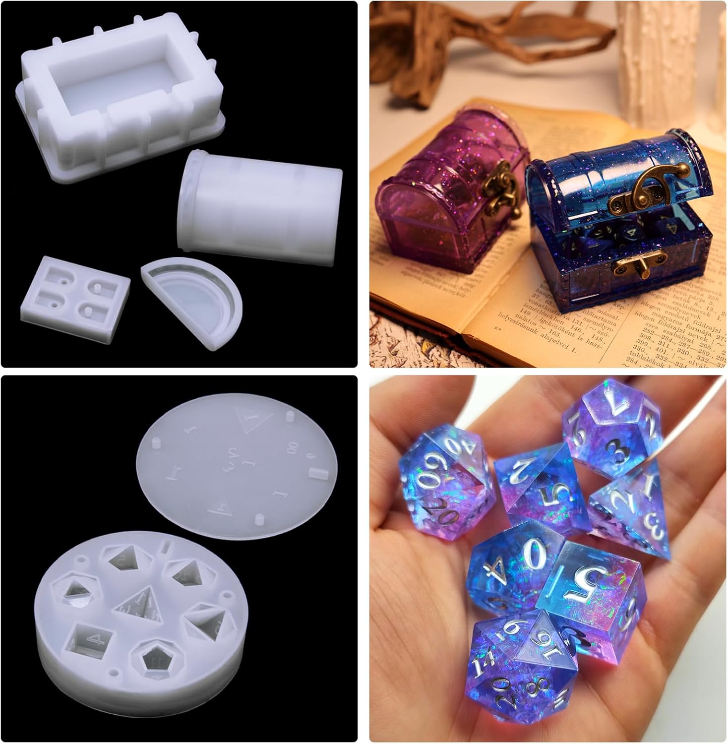 Molde de silicona para dados DND, 7 formas de dados de silicona con molde de caja de almacenamiento de tesoros de silicona, molde epoxi para lanzar