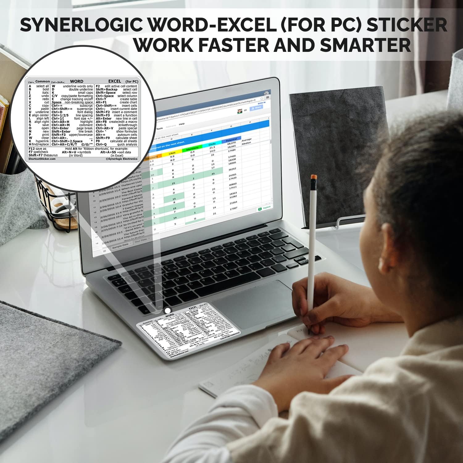 SYNERLOGIC Microsoft WordExcel (para Windows) Guía de referencia Adhesivo de acceso directo de teclado, laminado, vinilo sin residuos (blancogrande)