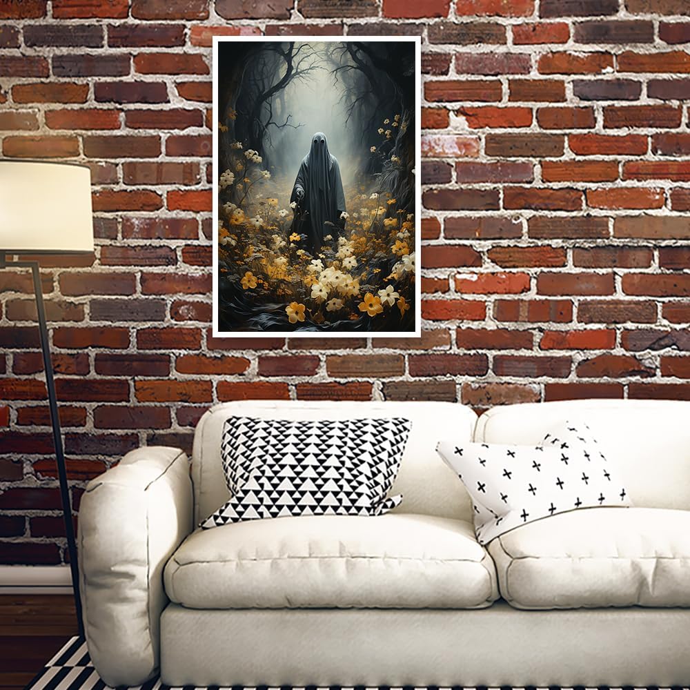 Arte de pared de fantasmas de Halloween, póster de flores y fantasmas, arte gótico, lienzo espeluznante oscuro estilo academia, pósteres de estética