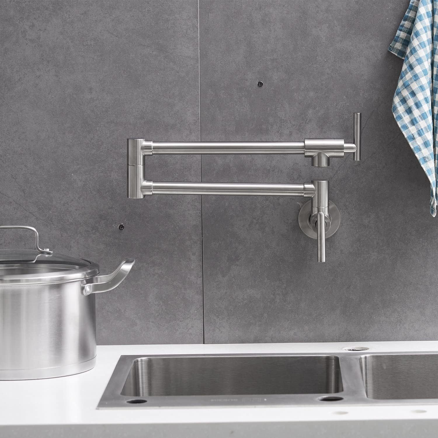 Grifo de llenado de ollas de níquel cepillado, montaje en pared, grifos de cocina comerciales de latón plegable y elástico con un solo orificio dos