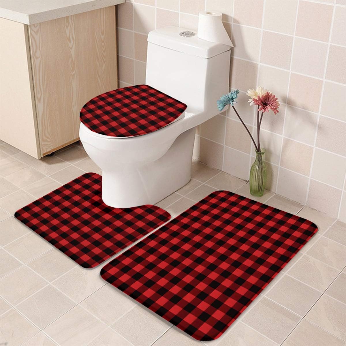 Juego de 3 alfombras y tapetes de baño de Navidad, antideslizantes, absorbentes de agua, funda para asiento de inodoro, tapete de inodoro en forma