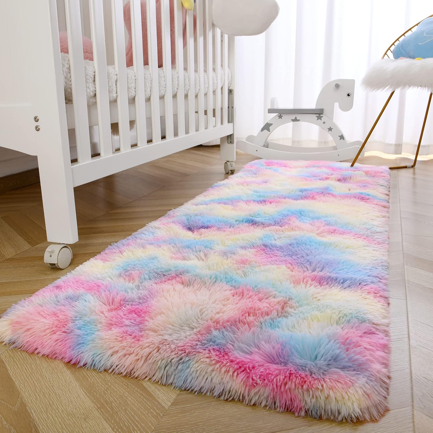 Ompaa Alfombra suave y esponjosa de arco iris para dormitorio de niñas, alfombras Kawaii de teñido anudado para niños, para adolescentes, estética,