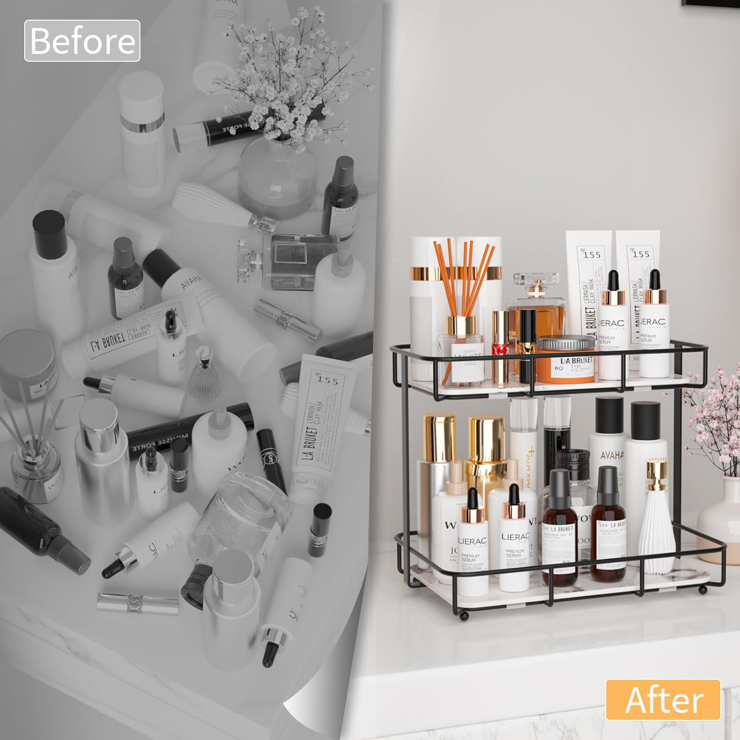 Organizador de baño, organizador de maquillaje, organizador de perfumes, bandeja de cerámica de mármol, organizador de cosméticos y cuidado de la