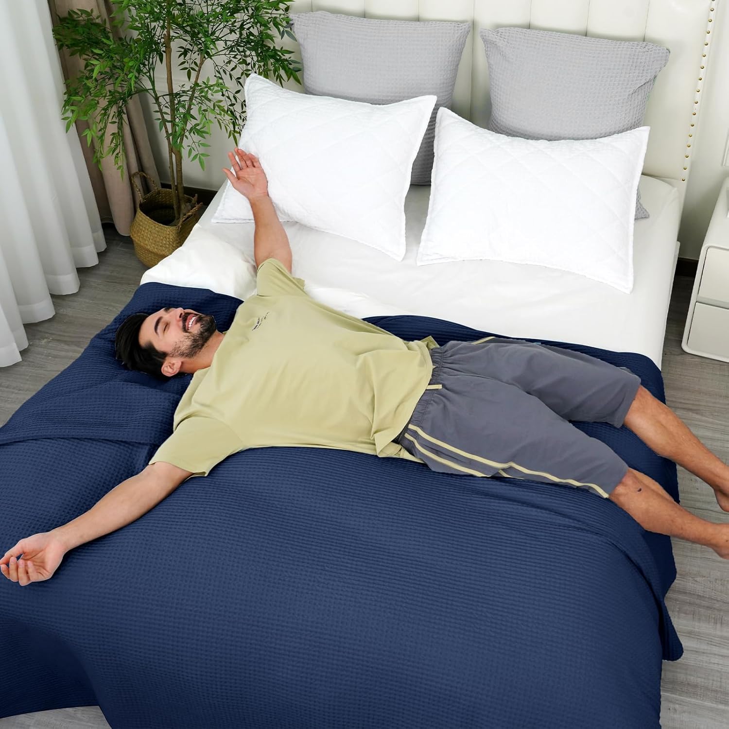 PHF – Manta 100% algodón tejido gofre tamaño Queen 90 x 90 pulgadas, manta suave y transpirable prelavada para todas las estaciones, capa perfecta