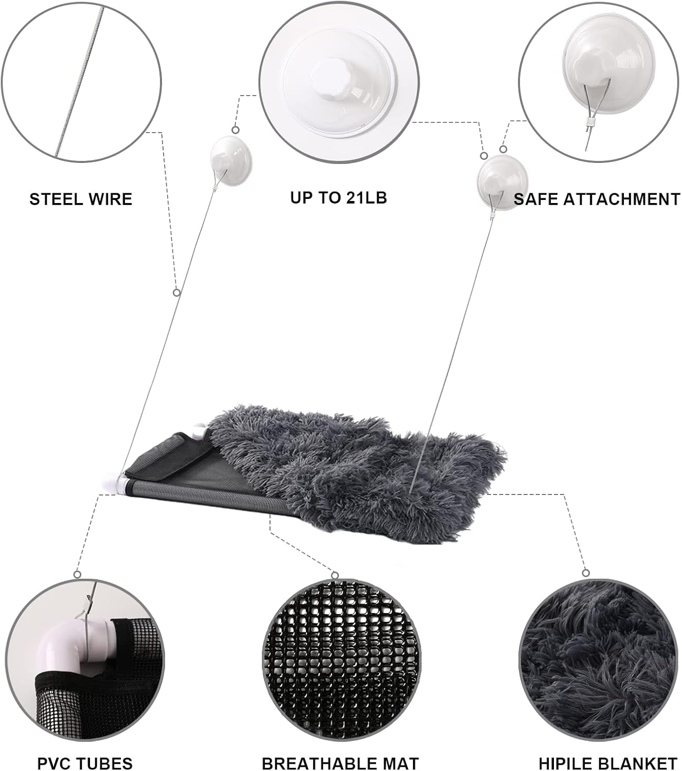 Percha para ventana de gato, hamaca de seguridad con ventosas fuertes, asiento de descanso para mascotas con manta esponjosa, proporciona un baño de