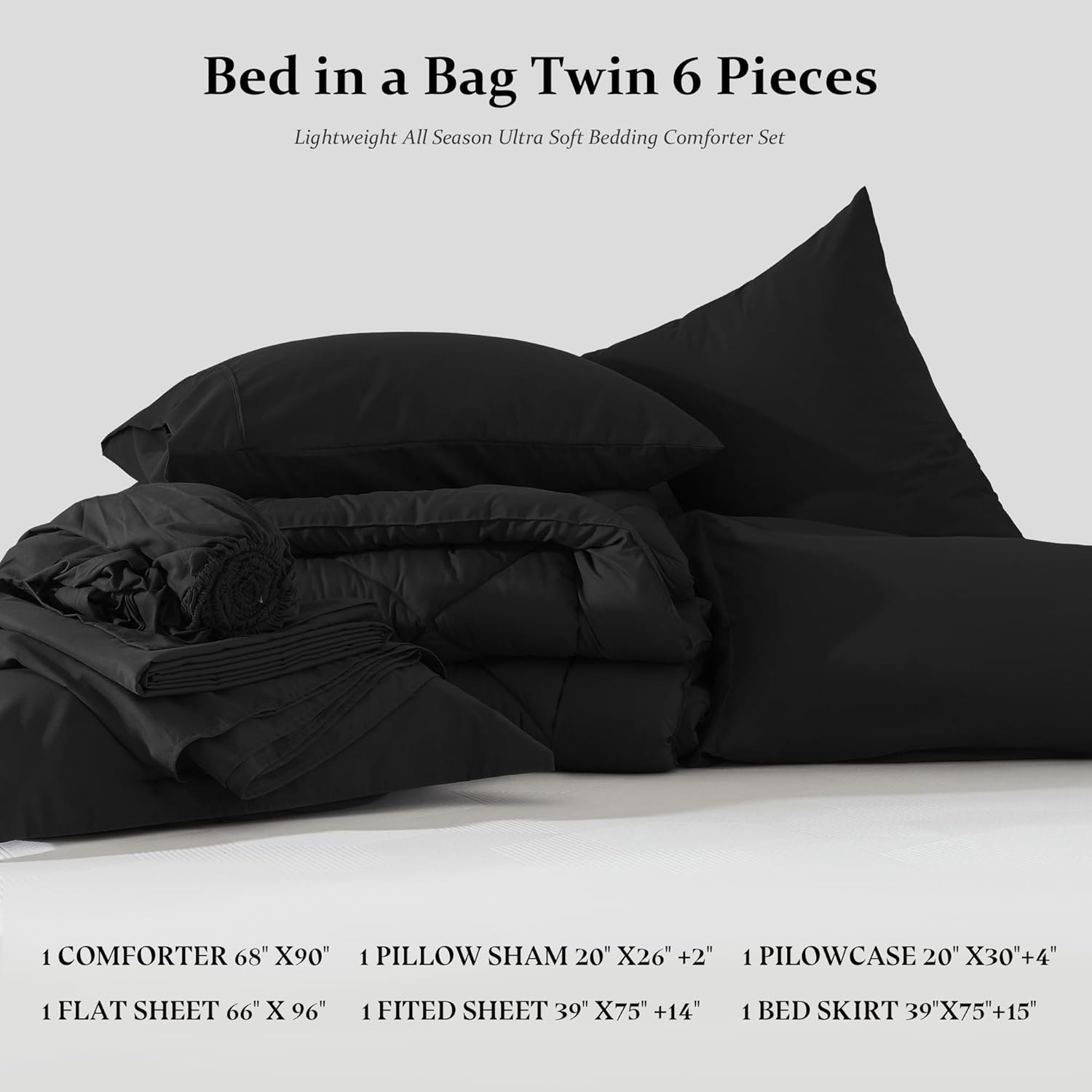 Newspin Juego de edredón de 6 piezas para cama individual en una bolsa, juego de cama negro para todas las estaciones, juegos de ropa de cama