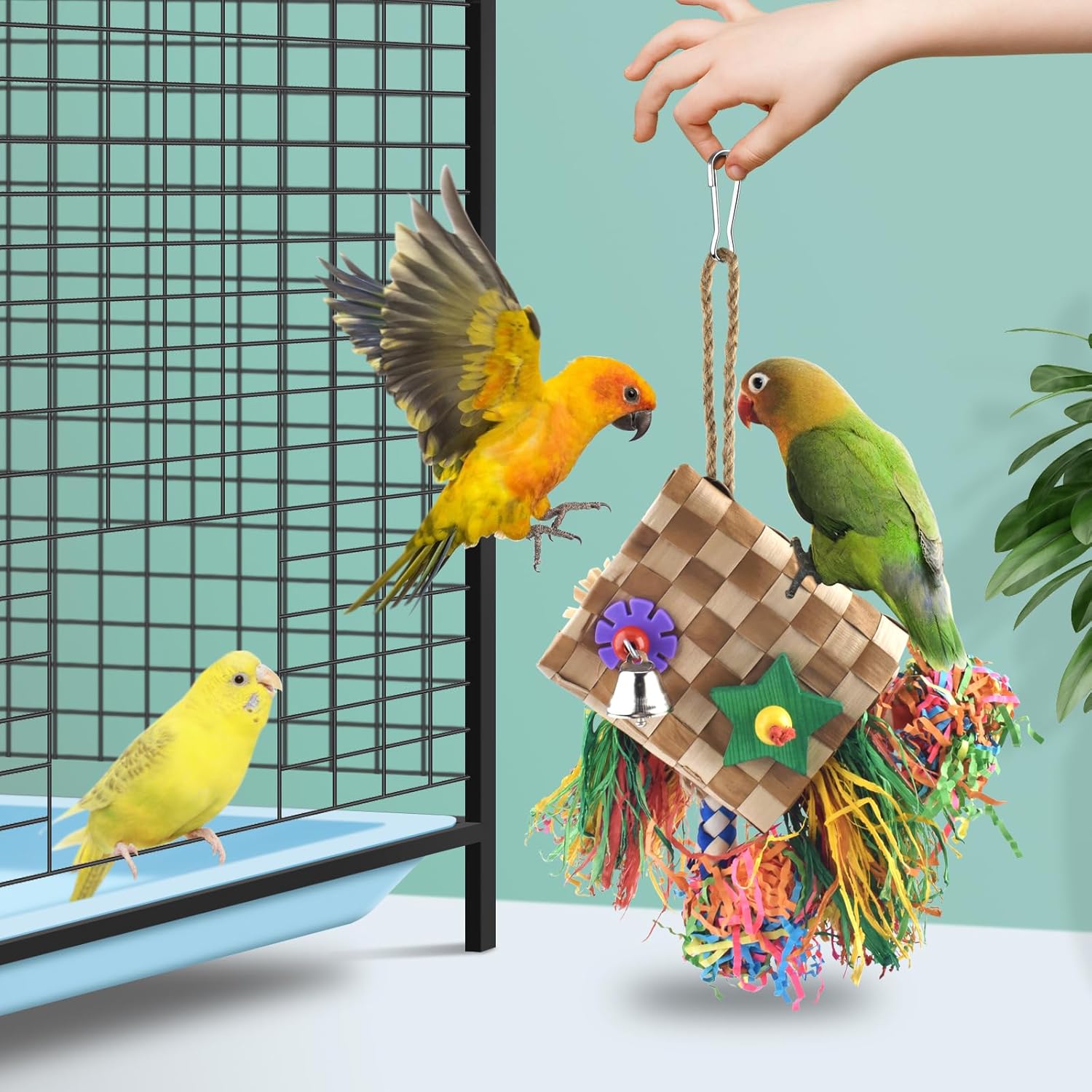 Bissap Juguetes para masticar pájaros, trituradora de forraje de loro, palmera natural, jaula colgante de juguete para conure Lovebird Budgie