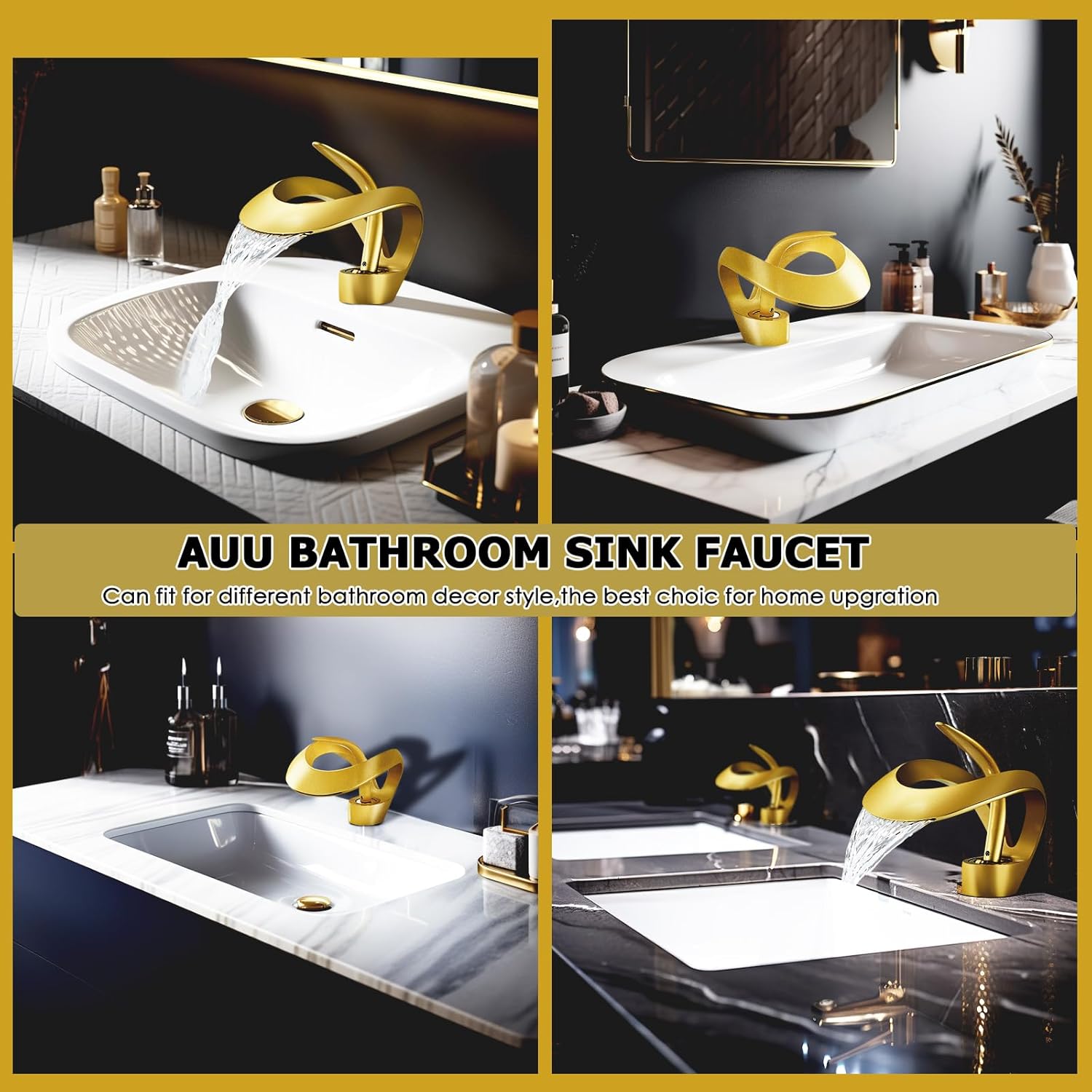 Elegante grifo dorado para lavabo de baño con boquilla OVNI, cascada de un solo agujero, latón sólido, grifo de lavabo de 1 orificio (corto, dorado)