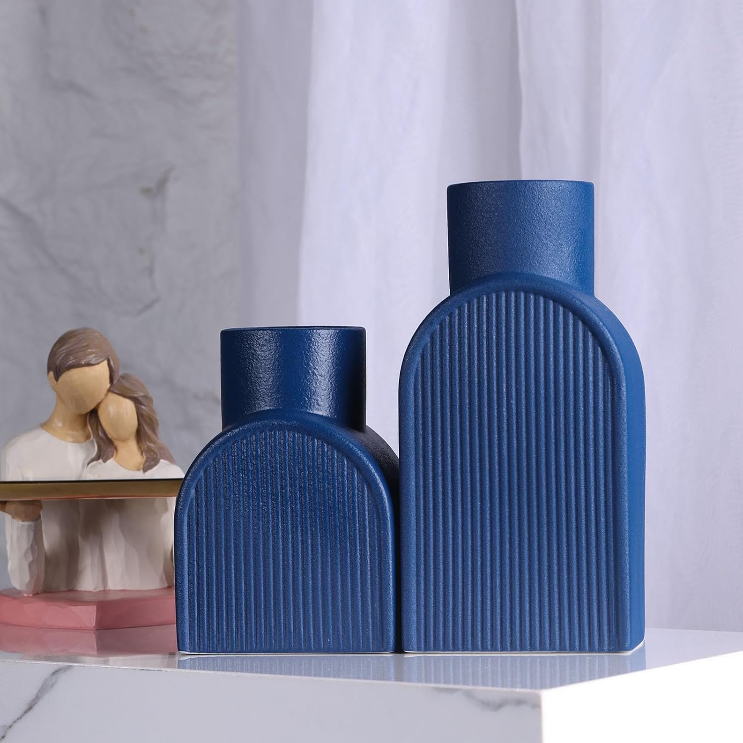 Jarrones azules para centros de mesa, jarrón azul marino, florero de cerámica acanalado pequeño y grande, juego de 2 jarrones nórdicos, decoración