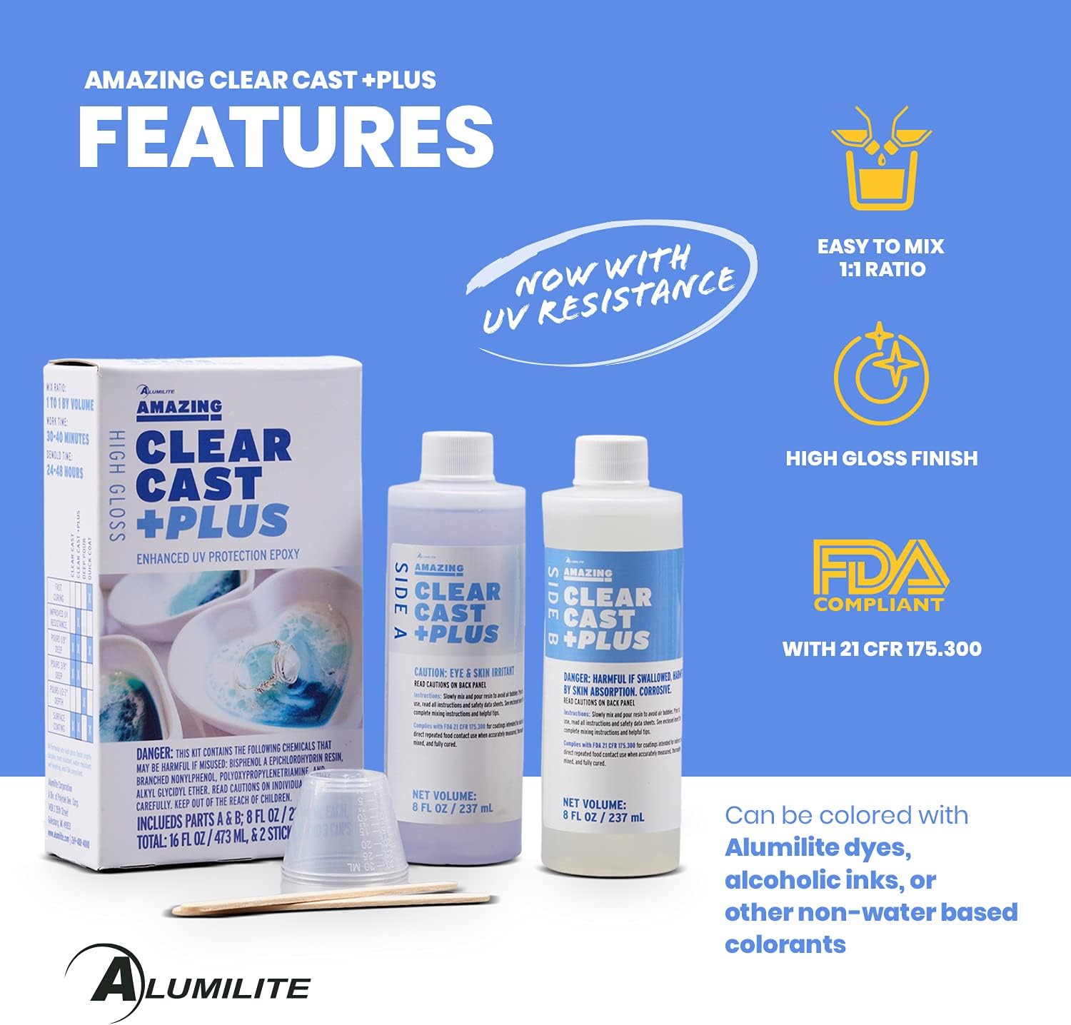 Alumilite Amazing Clear Cast Plus 8 oz A + 8 oz B (16 onzas) Kit de 2 partes Revestimiento de plástico resistente a los rayos UV y resina epoxi para