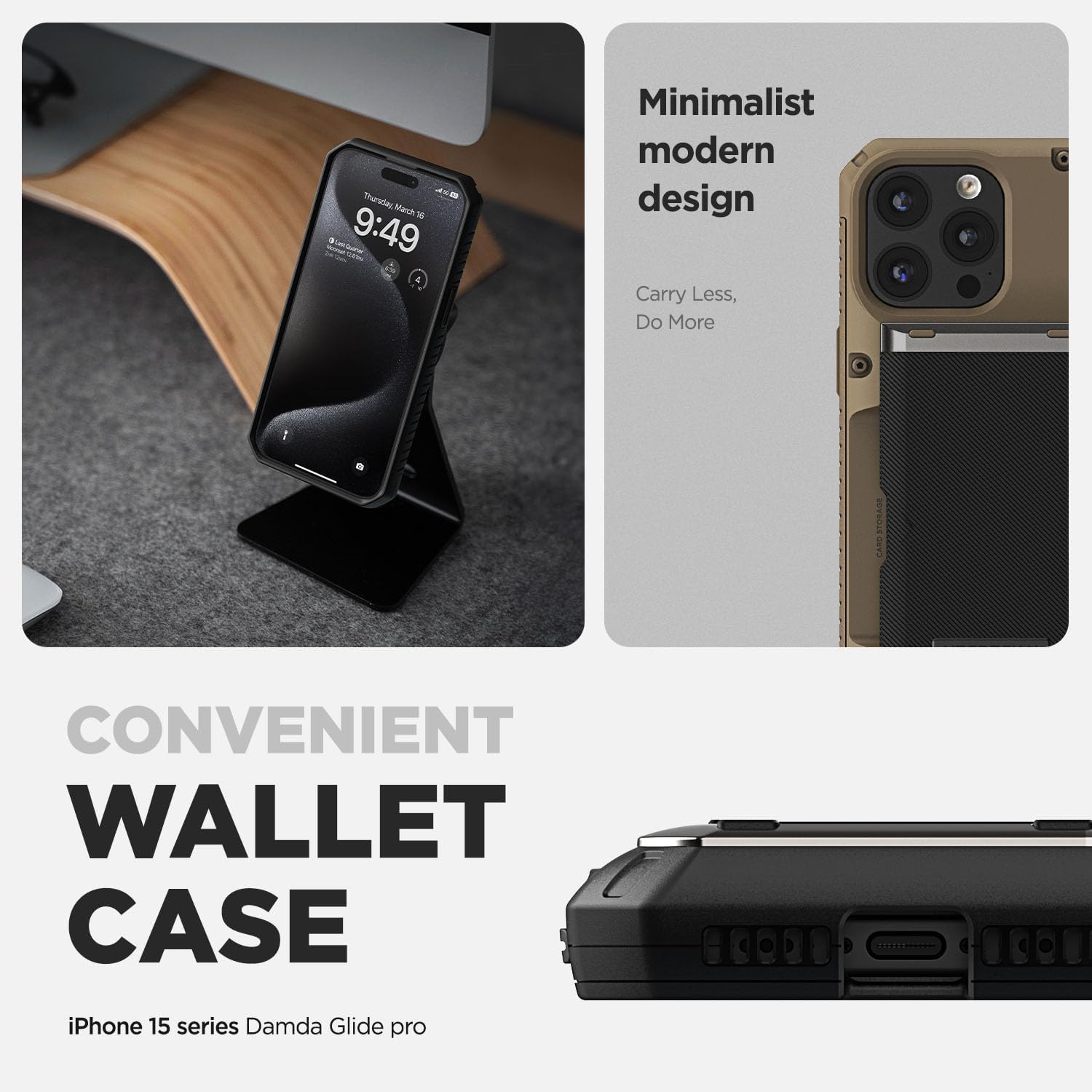 VRS DESIGN Damda Glide Pro – Funda para iPhone 15 Pro, resistente funda semiautomática (4 tarjetas), compatible con iPhone 15 Pro (2023), color