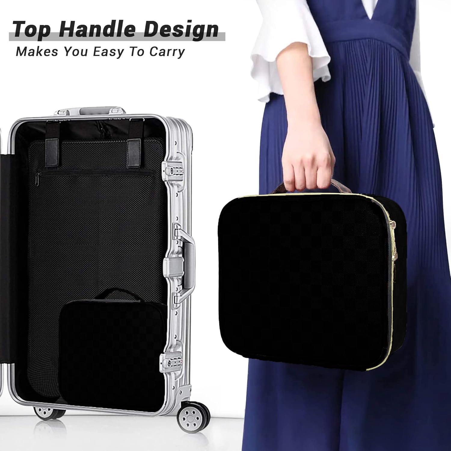 WIRIBEY Bolsa de maquillaje a cuadros, bolsa portátil con partición ajustable, bolsas de cosméticos para mujeres, artículos de tocador, bolsas