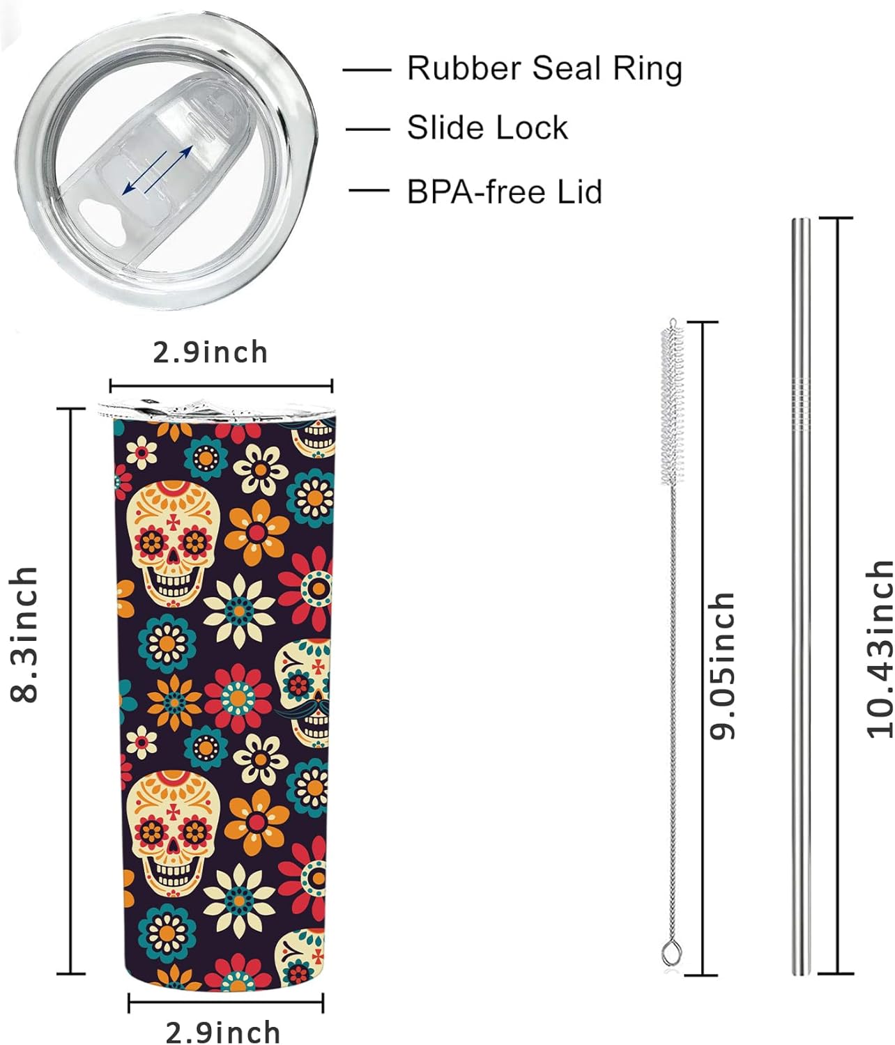 RNFENQS Sugar Skull – Vasos delgados con tapas y pajitas, regalos del Día de los Muertos Mexicanos, vasos de viaje aislados al vacío de acero