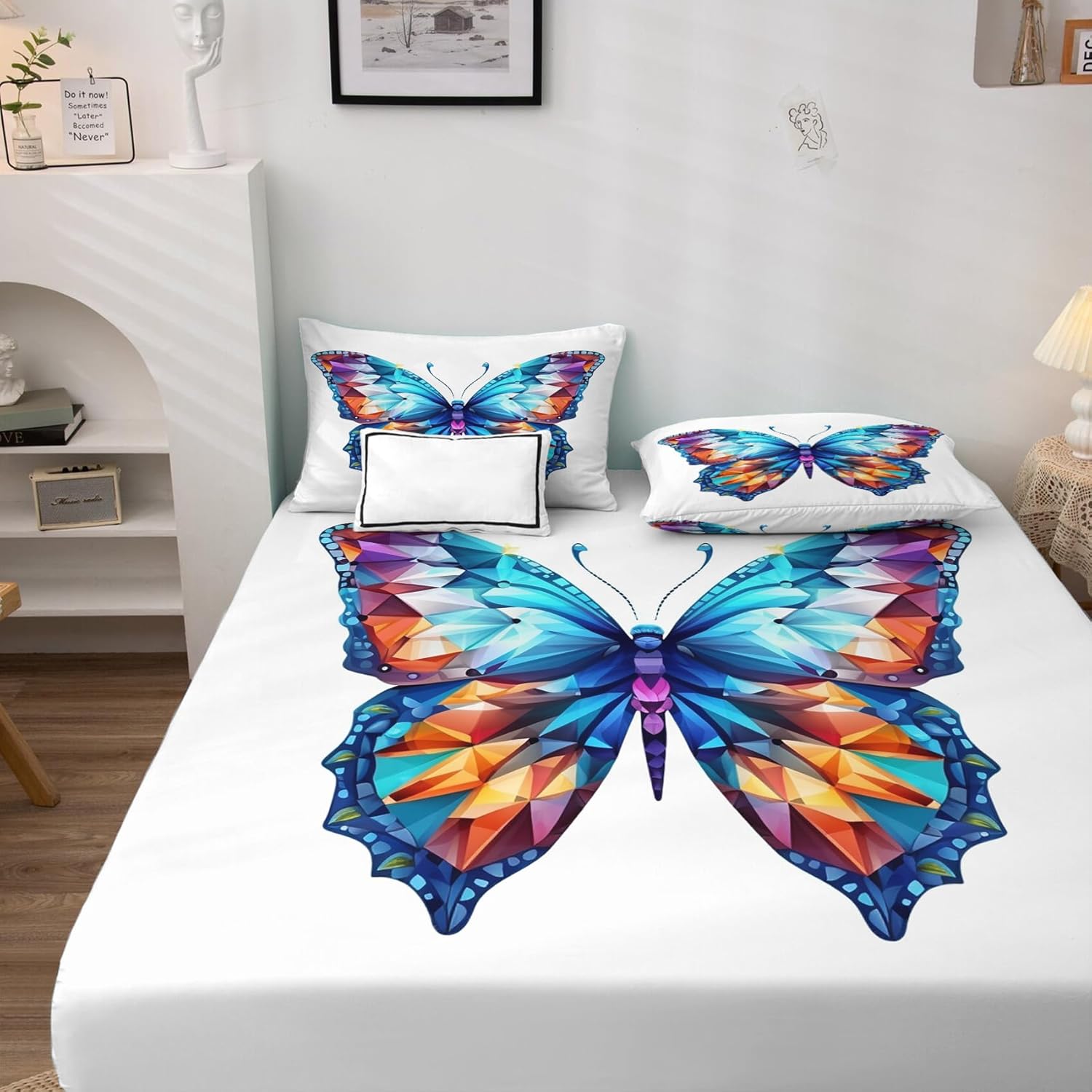 Juego de sábanas de mariposa tamaño King, sábanas coloridas, sábanas y fundas de almohada estampadas de 4 piezas, sábana bajera ajustable de