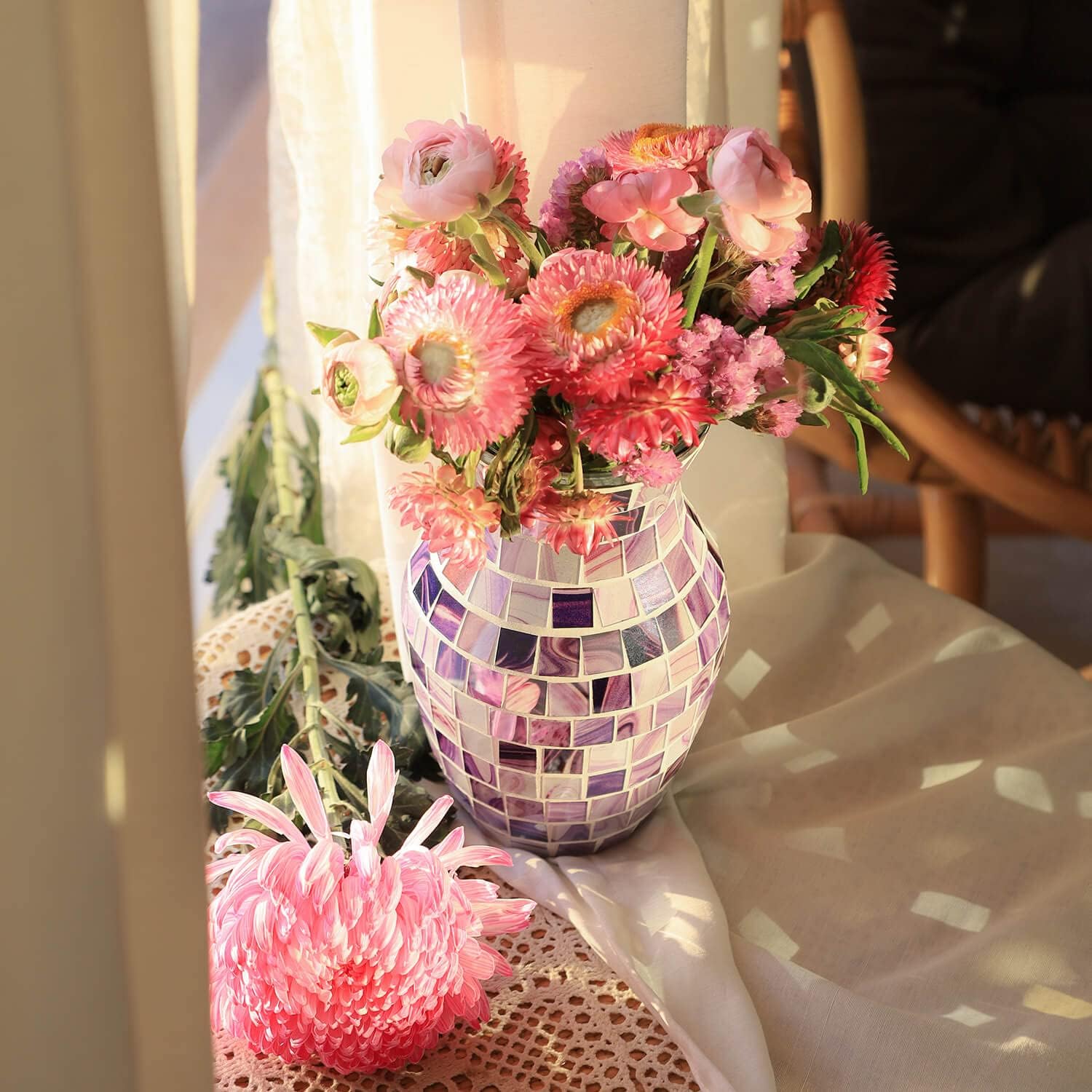Florero morado para flores, jarrones de vidrio de mosaico lavanda para flores secas, jarrones modernos hechos a mano para decoración del hogar,