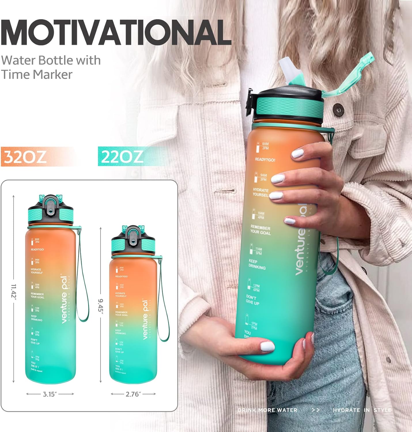 Venture Pal 22 oz 32 oz Sports Water Bottle with Time Marker, Carry Strap and Cleaning Brush – BPA Free, Leak Proof, Straw Lid – Perfect for Fitness