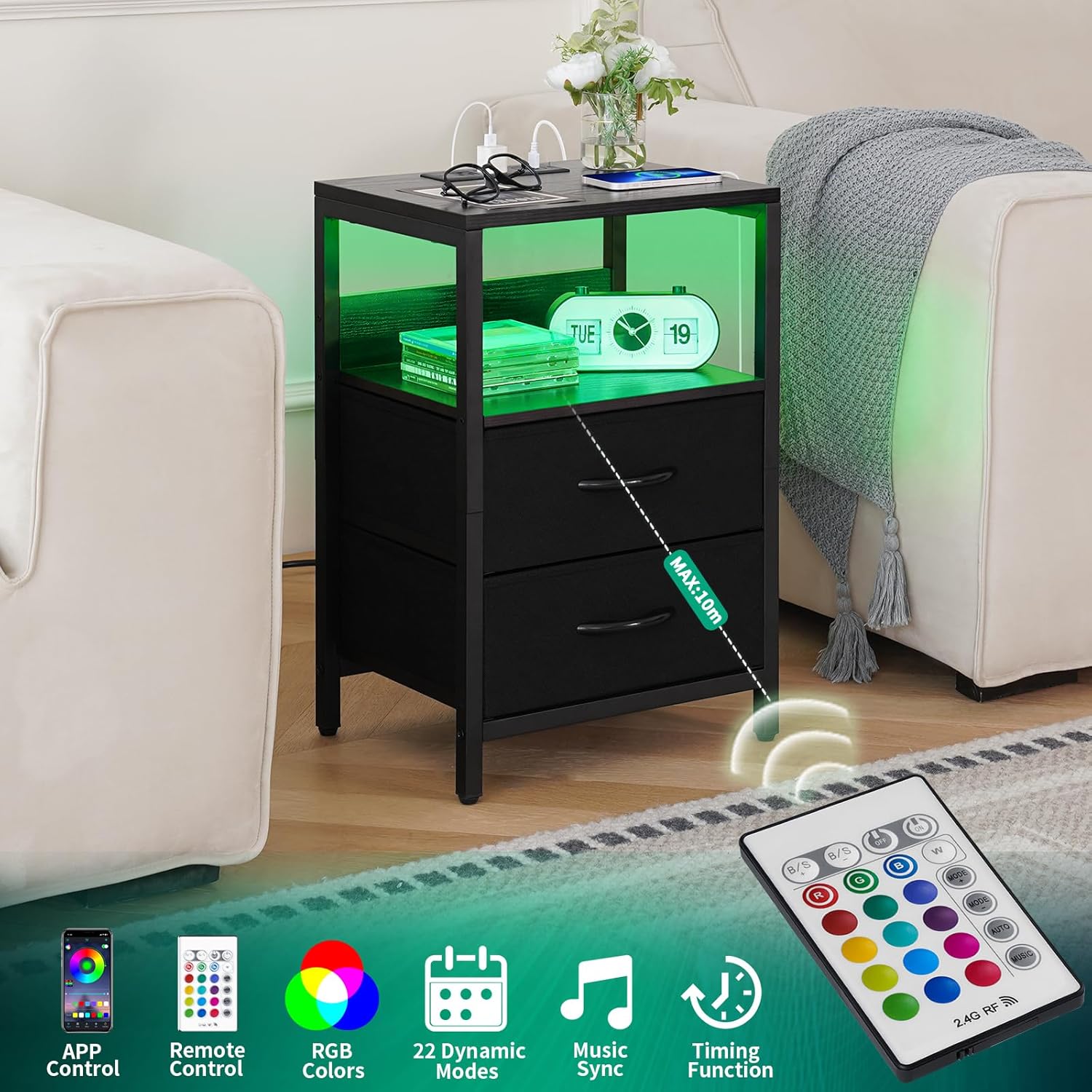 Yoobure – Mesita de noche con estación de carga, con LED y cajones de tela, estante de almacenamiento para dormitorio, con puertos USB y