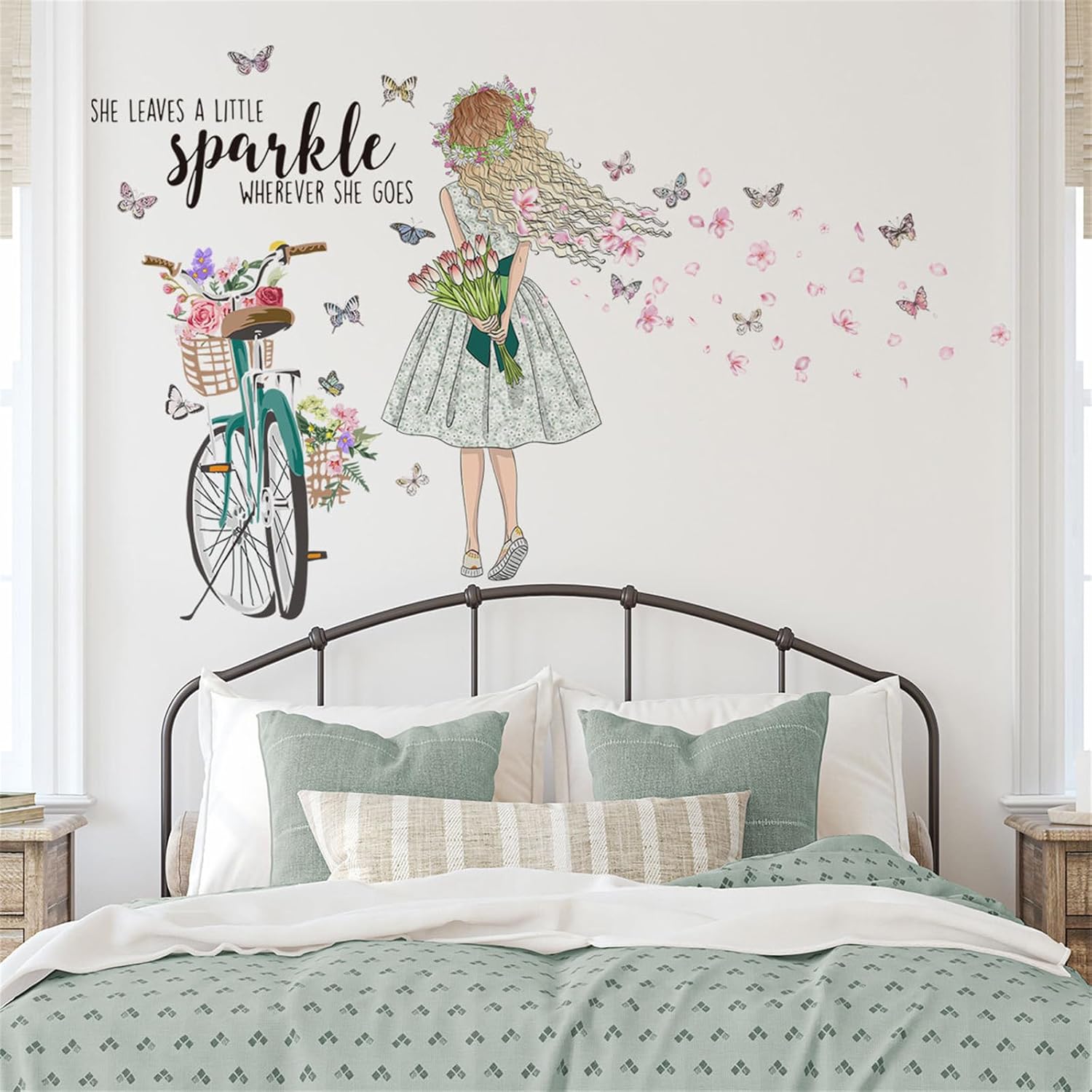 Calcomanías de pared de mariposa para niñas, diseño de flores de bicicleta, calcomanías de pared para despegar y pegar, habitación de niños,