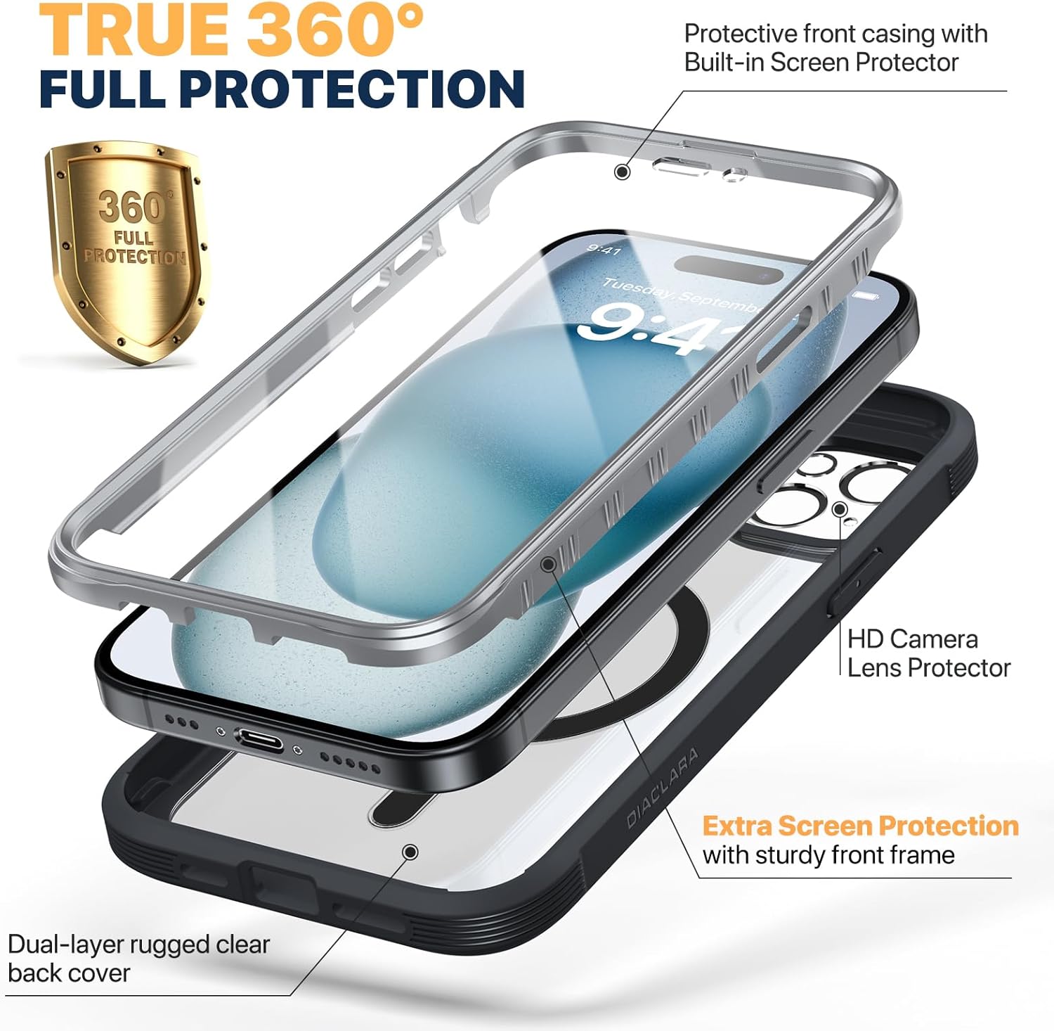 Diaclara Funda diseñada para iPhone 15 Plus de 6.7 pulgadas, compatible con MagSafe, funda magnética resistente de cuerpo completo con protector de