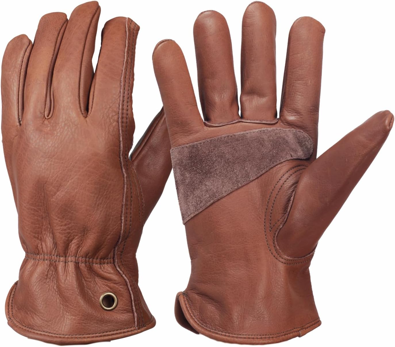 NBLEAGLO Guantes de trabajo de cuero de vaca marrón retro para construcción, patio, jardinería con palma reforzada para hombres y mujeres