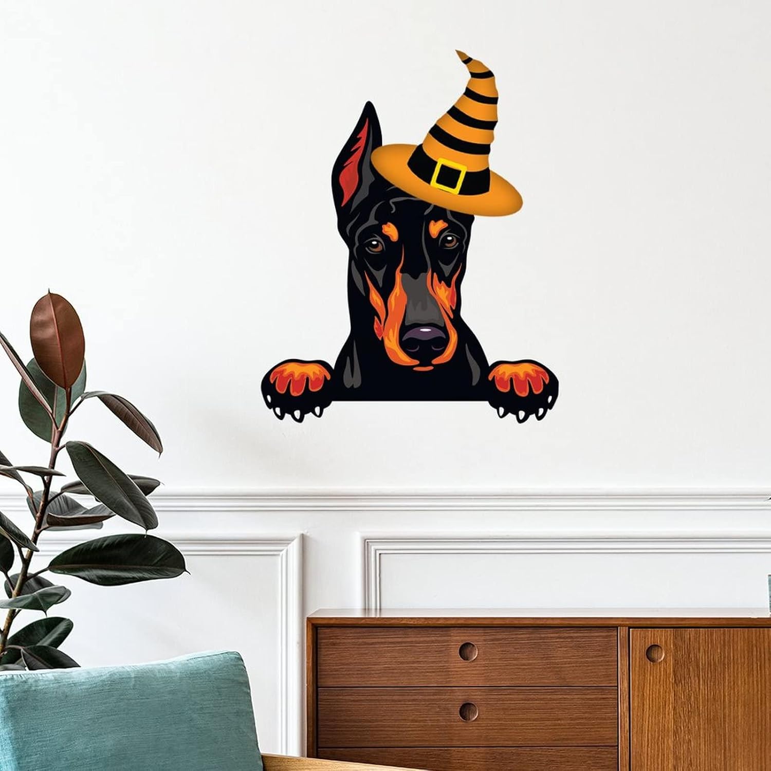 Calcomanías de Halloween con diseño de bruja Doberman, bienvenida, Halloween, decoración de pared de perro Doberman, póster extraíble de vinilo para