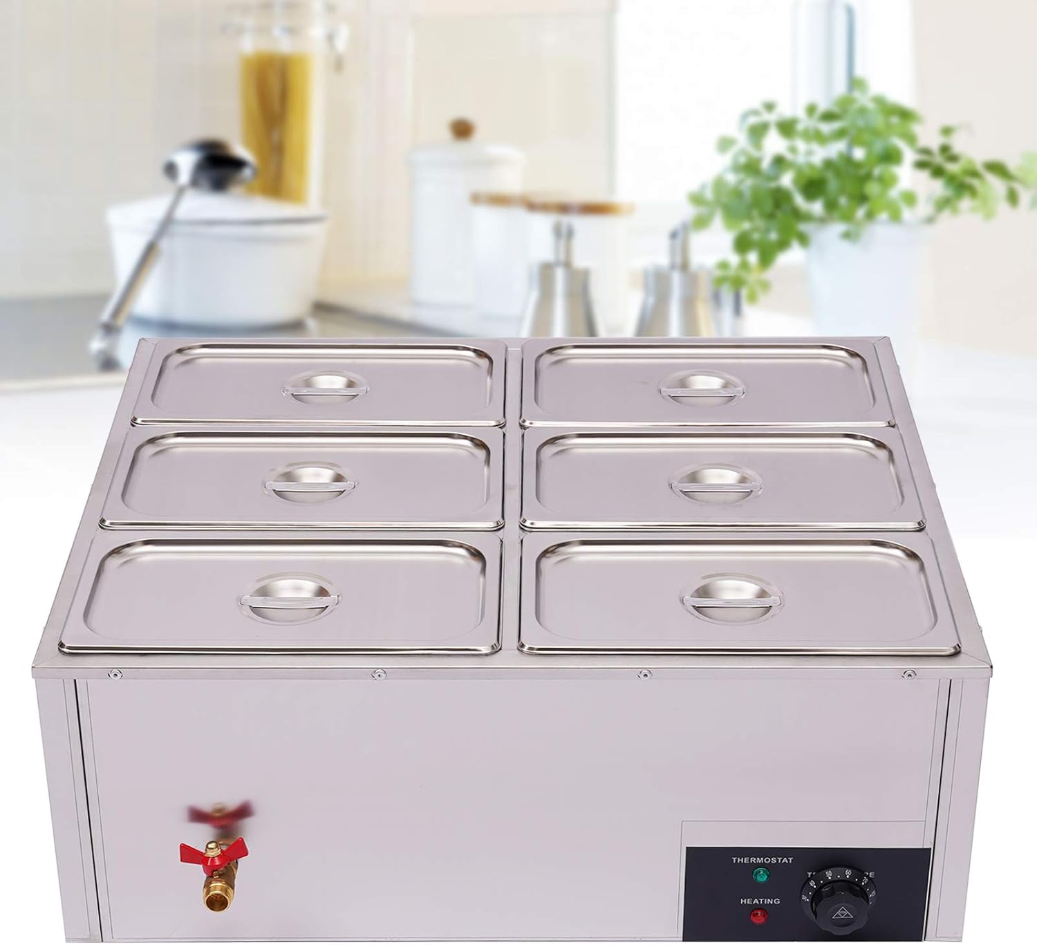 Calentador de alimentos eléctrico comercial de 6 bandejas, 110 V, 850 W, acero inoxidable, Bain-Marie, para encimera de bufé, vaporizador de vapor,
