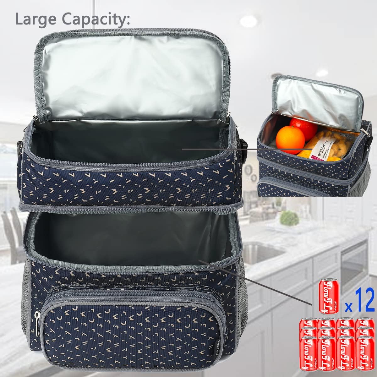 FlowFly Lonchera térmica de doble capa para adultos, bolsa grande para hombres y mujeres, con correa ajustable, bolsillo frontal y bolsillos
