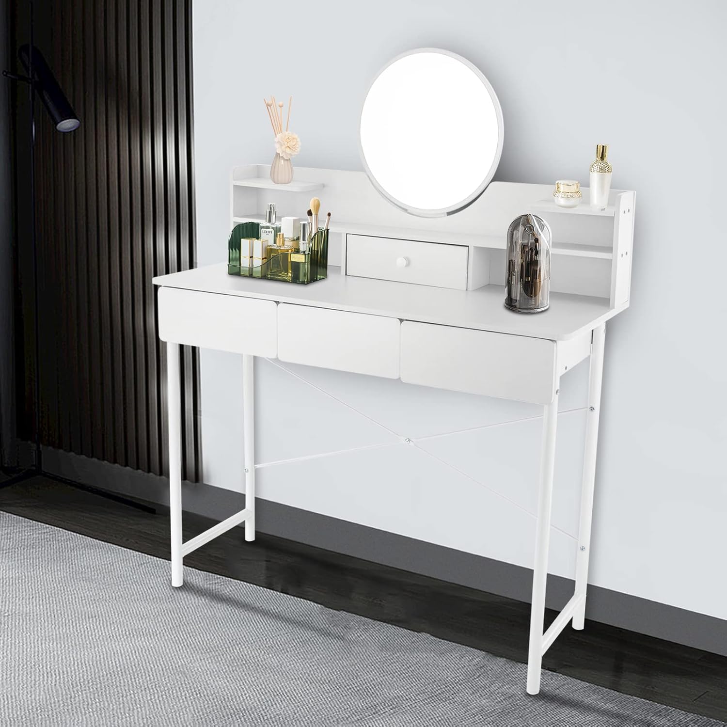TFCFL Escritorio de tocador con espejo, tocador de maquillaje MDF con 3 dibujos para mujeres y niñas (blanco)