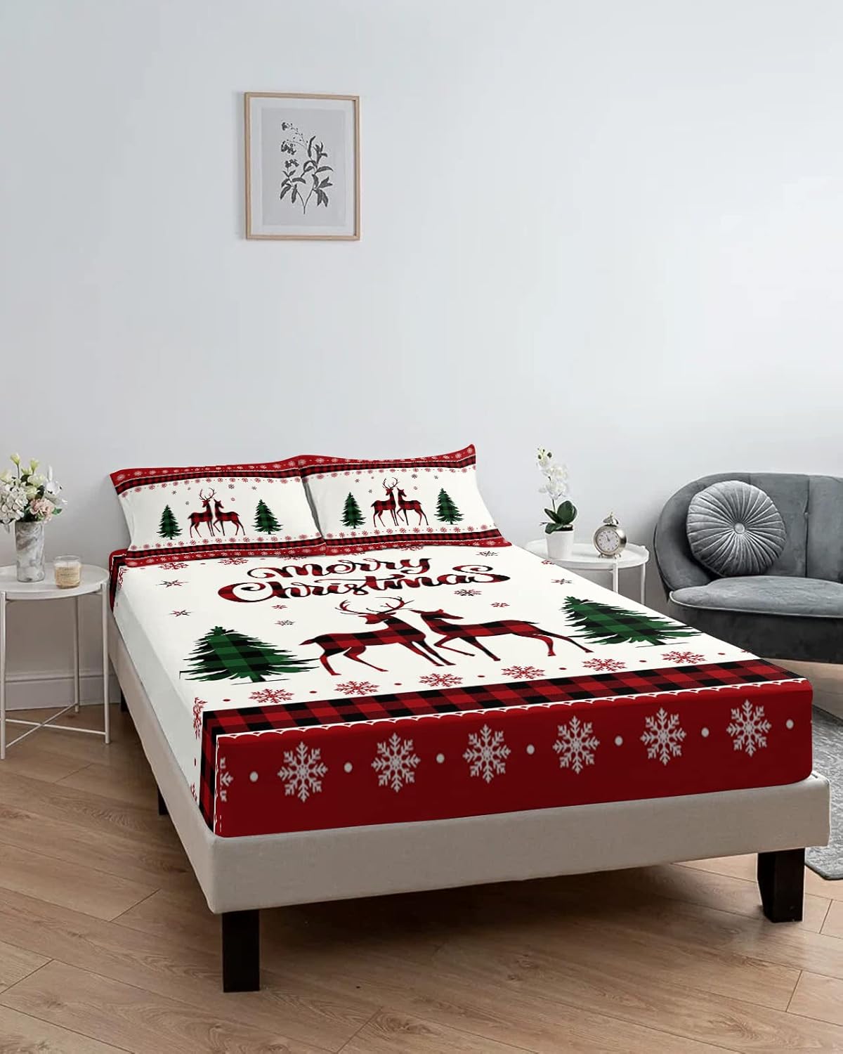 Christmas Reindeer Green Pine Tree Twin XL Fitted Sheets Deep Pocket Up to 16″, White Snowflake on Red Border Soft Single Mattress Cover with 1
