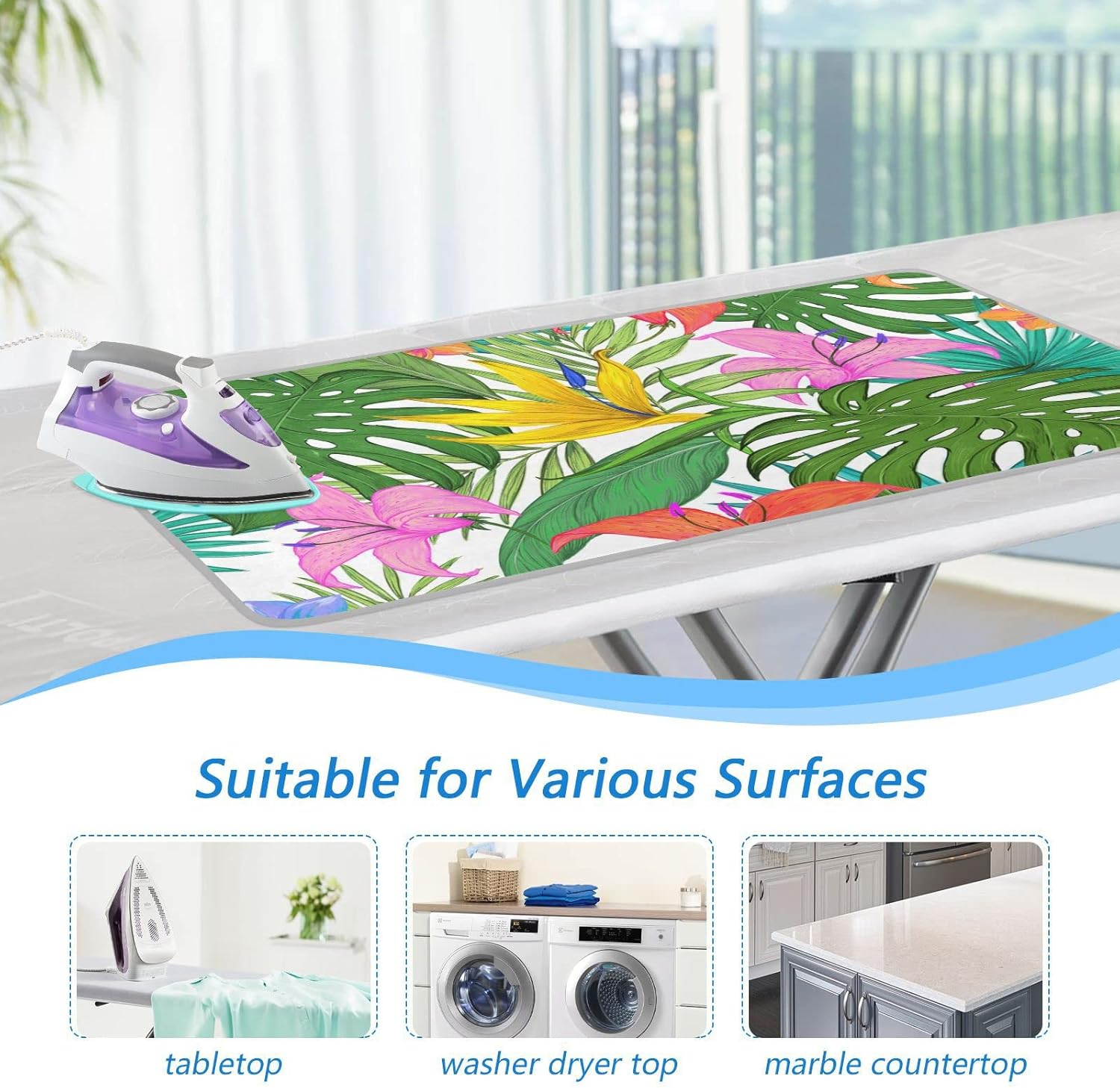 Tropical Leaves Homes – Alfombrilla de planchar (tamaño grande, 47 x 28 pulgadas) con acolchado de 0.118 pulgadas y soporte de silicona para