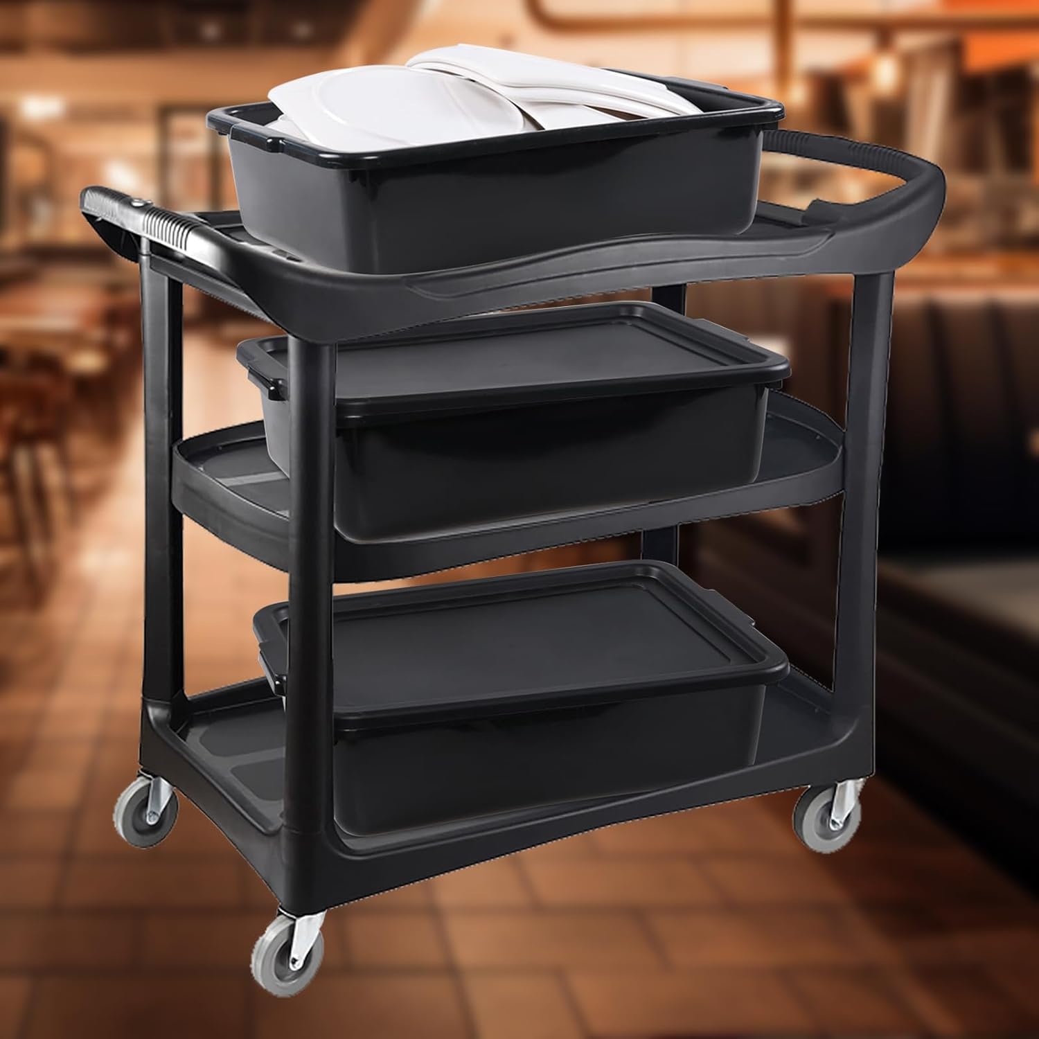 Sadstory – Caja de plástico para autobús comercial de 13 L con tapa, bañera de plástico para restaurante, color negro, 3 paquetes