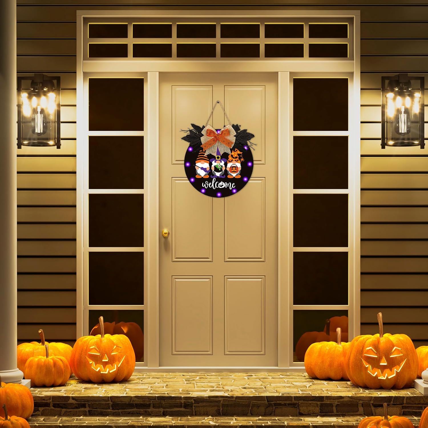 Whaline Letrero de puerta de bienvenida de gnomo de Halloween iluminado de madera con 12 luces LED, luz morada, colgador de puerta para el hogar,