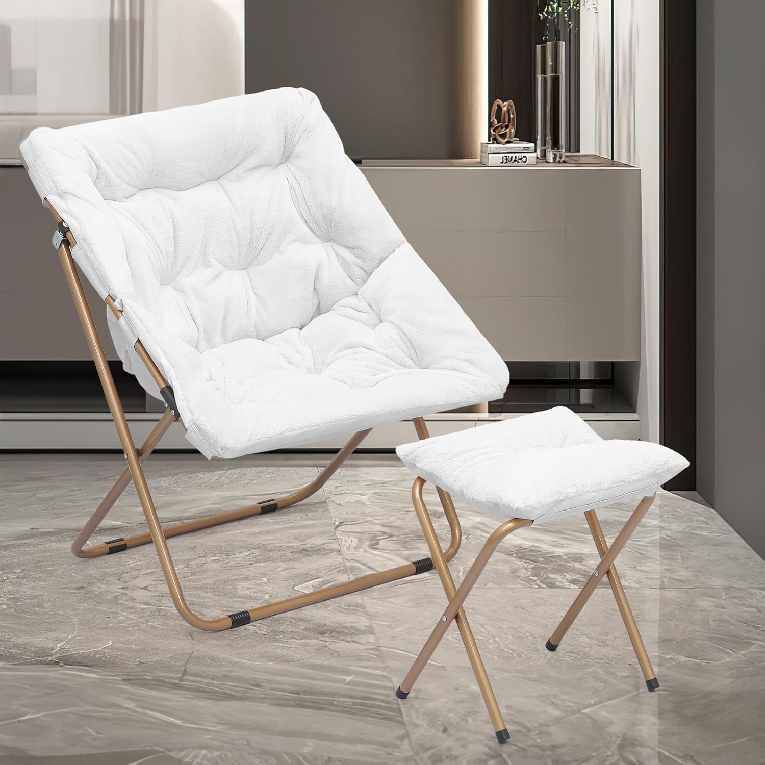 MoNiBloom Silla cuadrada plegable de piel sintética para dormitorio, sala de estar, dormitorio, marco de metal plegable, de gran tamaño, cómoda,