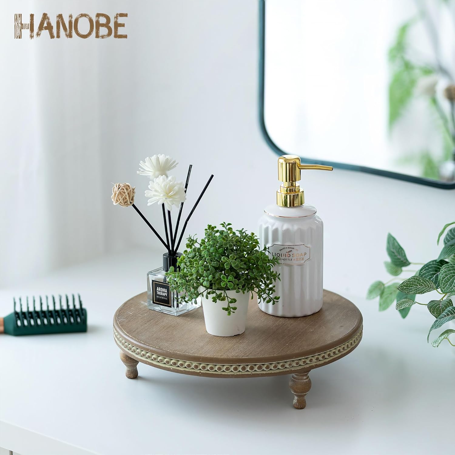 Hanobe Elevadores redondos de madera soporte de pedestal de madera con cuentas para decoración del hogar, bandejas decorativas marrones para