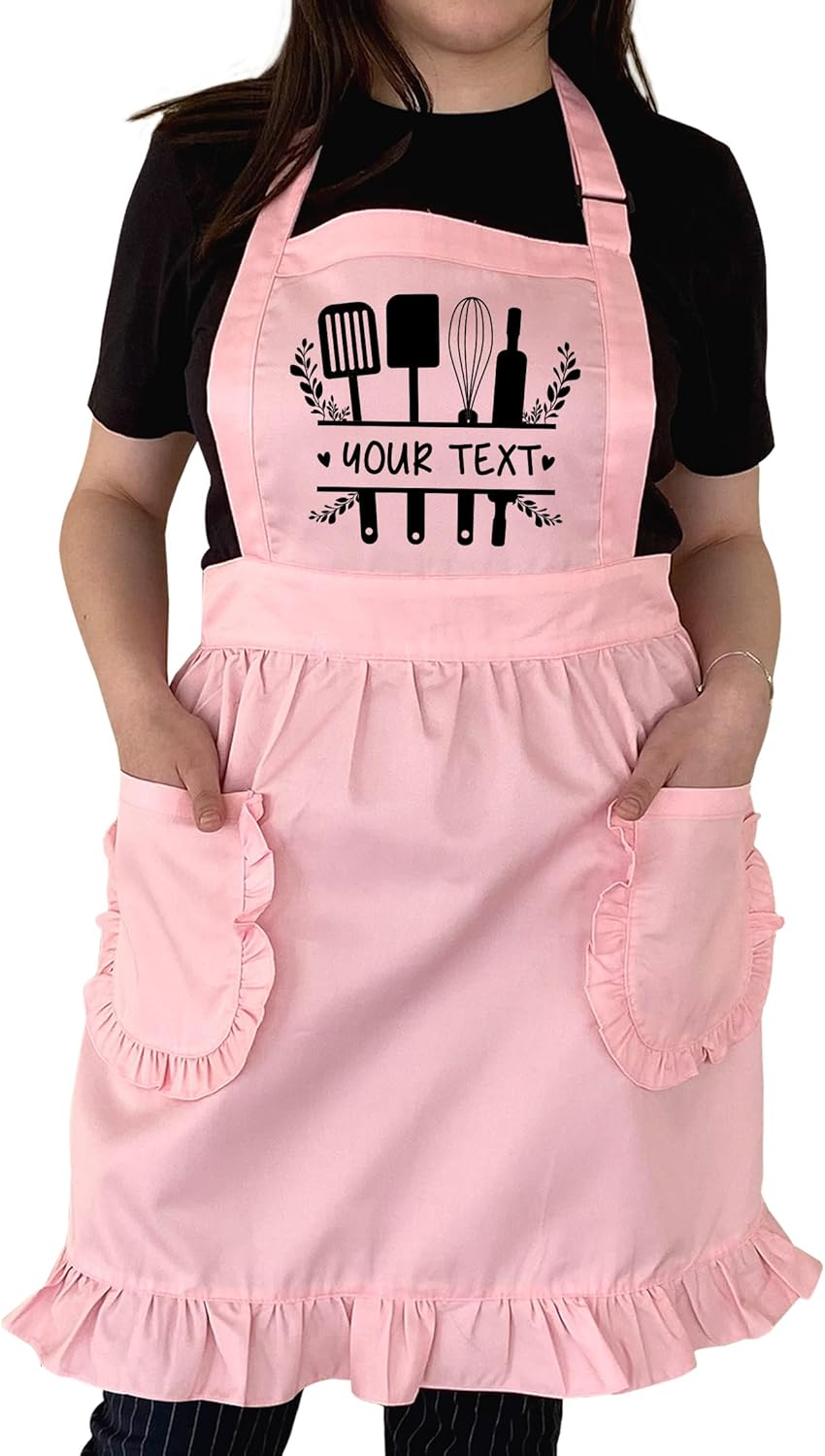 TEEAMORE Delantal con volantes personalizados para cocina, cocción, parrilla, limpieza, disfraz de criada, delantal retro con bolsillos