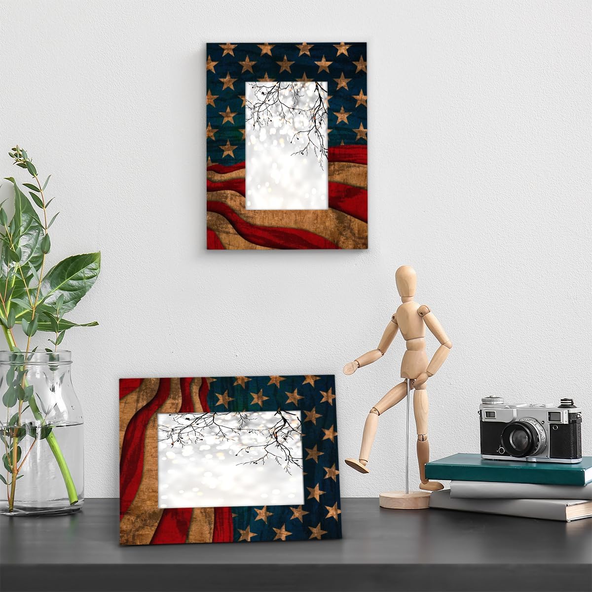 Marco de fotos con bandera estadounidense de 5 x 7 pulgadas, marco de fotos de bandera de Estados Unidos para montaje en pared o exhibición de mesa,
