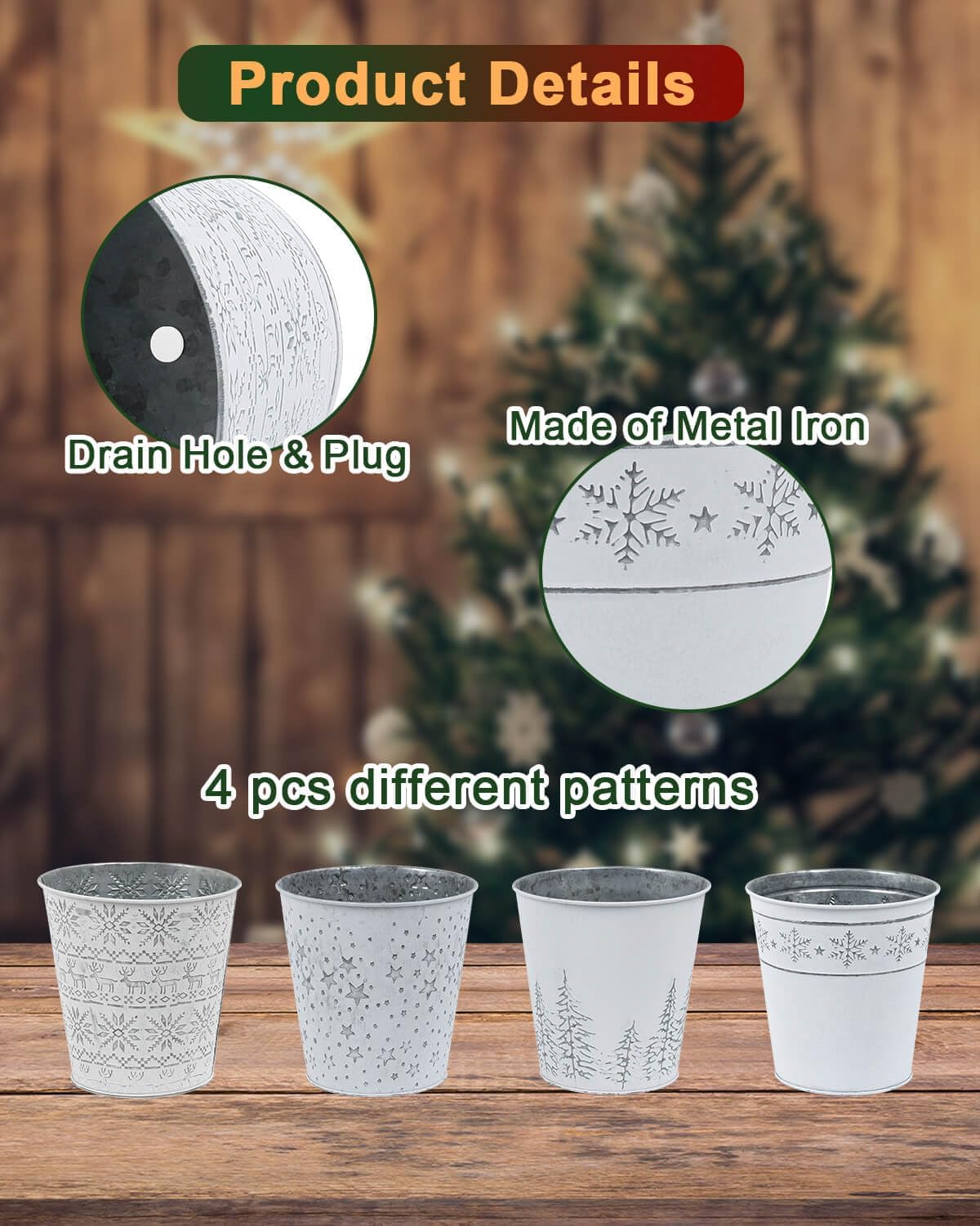 Cubos de metal galvanizado blanco de Navidad, 4 macetas rústicas de hojalata con orificio de drenaje y enchufe, regalo de Navidad, maceta vintage