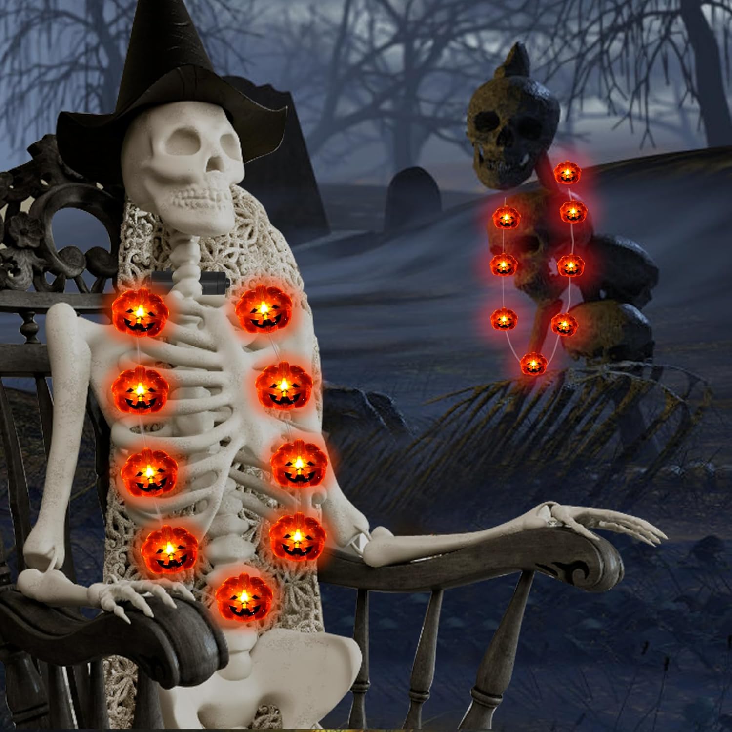 YOFOBU Collar de Halloween, paquete de 4 collares de fantasma de calavera de calabaza de Halloween, collares para decoraciones de Halloween de dulce