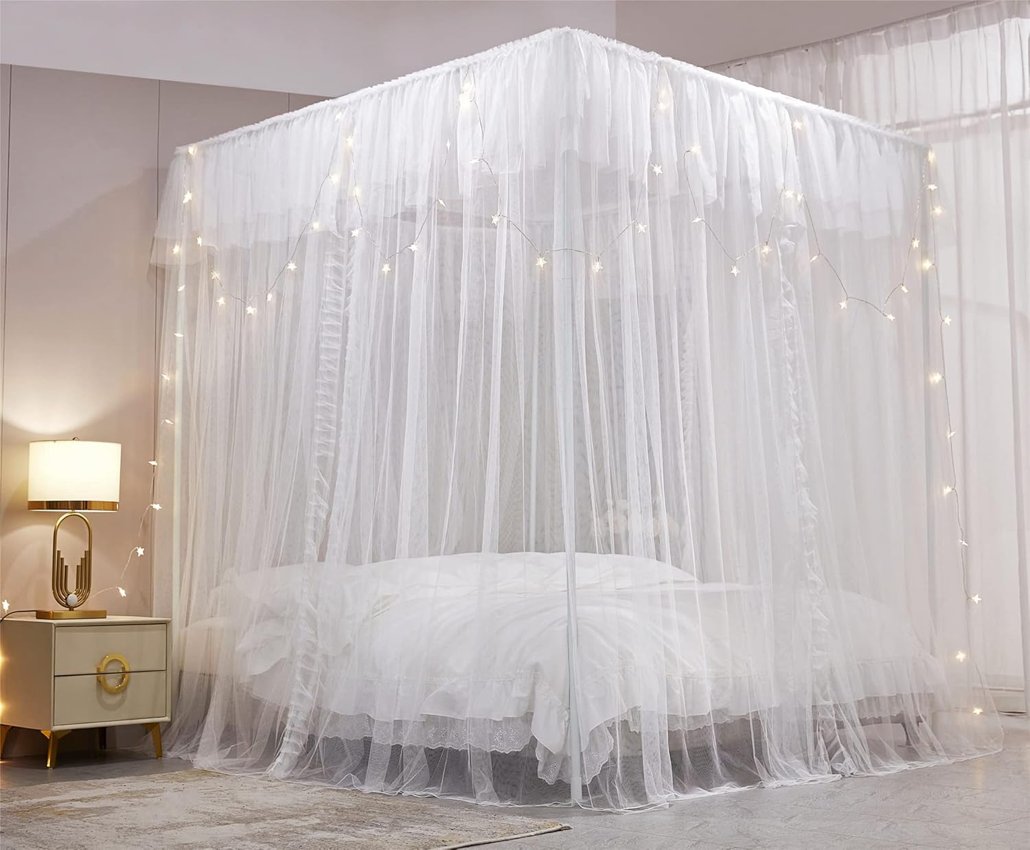 VETHIN Cortina de cama de princesa con volantes de 4 esquinas, doble capa, acogedora red mosquitera de 4 aperturas para niñas y adultos, decoración