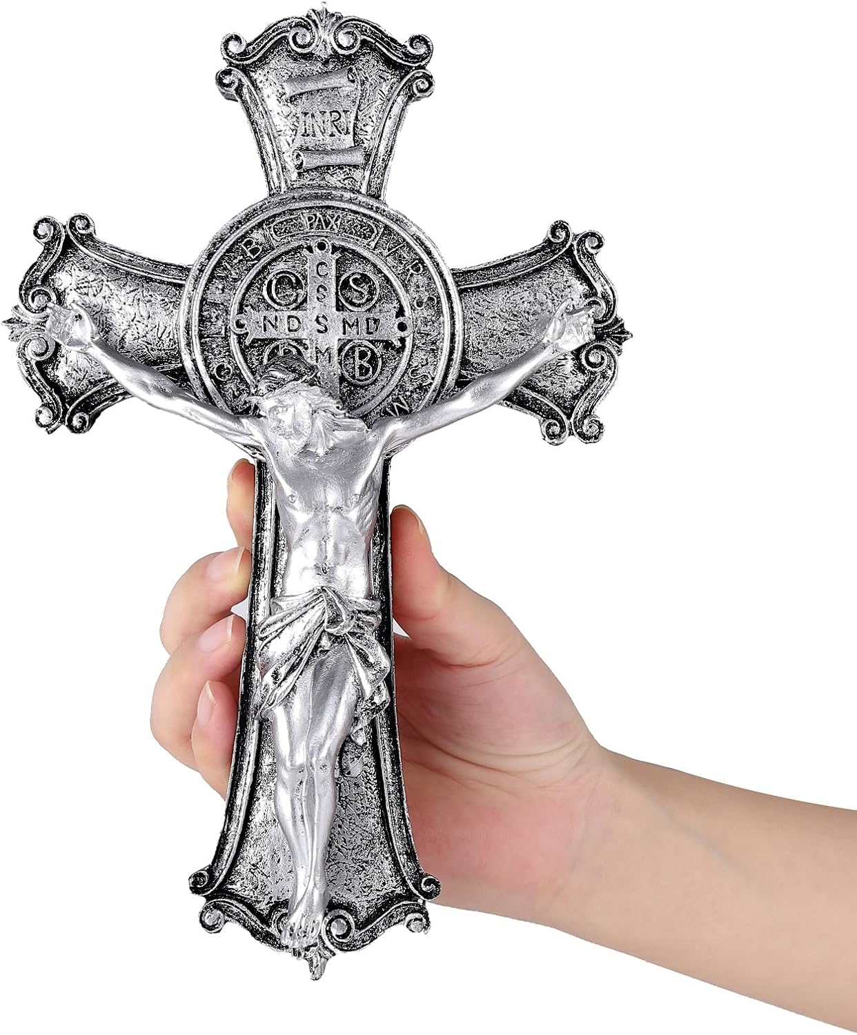 Taprion Crucifijo – Cruz de pared de resina de San Benito – Cruz plateada de 10 pulgadas da bendición y lo sagrado espiritual regalo de fe para tus