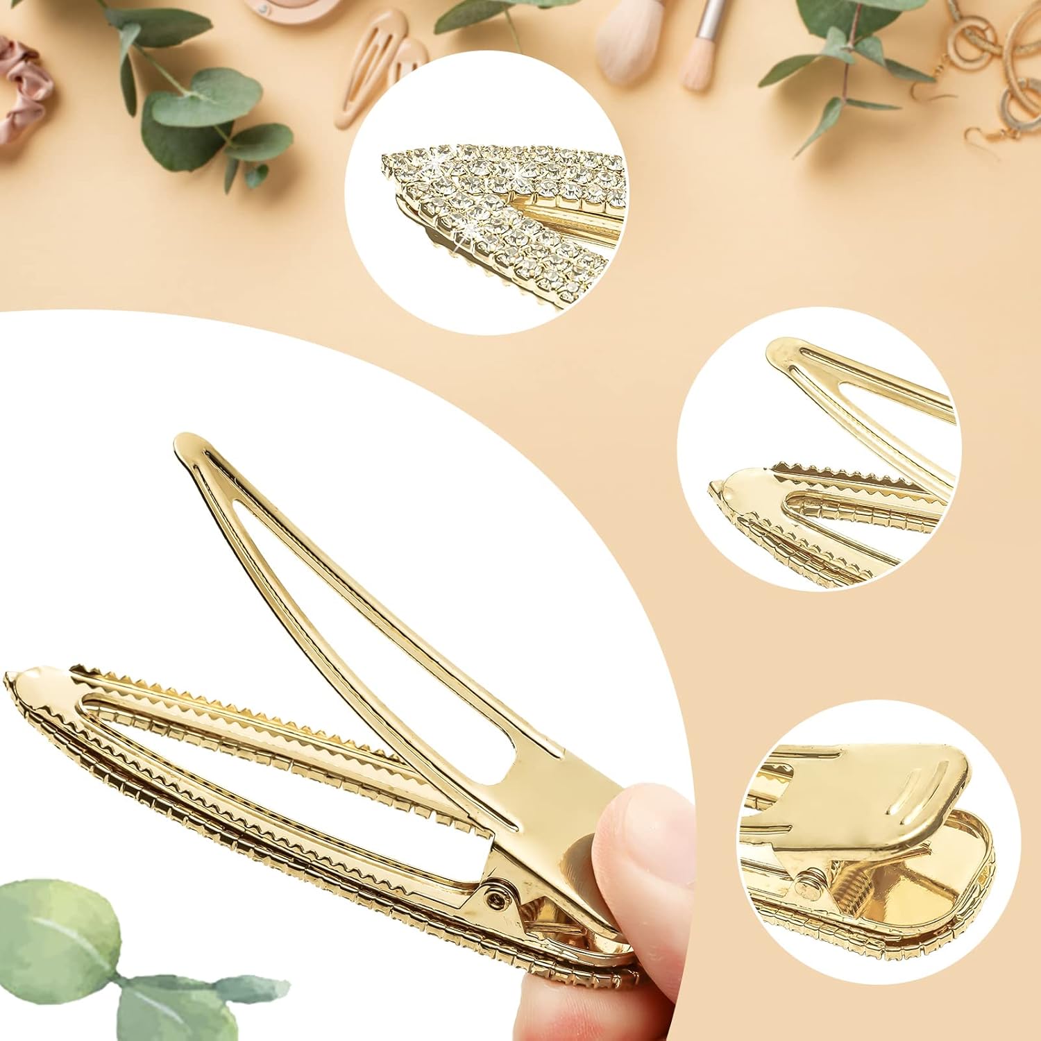 KANPRINCESS 2 pinzas para el cabello con diamantes de imitación de 2.4 pulgadas, pinzas doradas para el cabello, accesorios para el cabello de