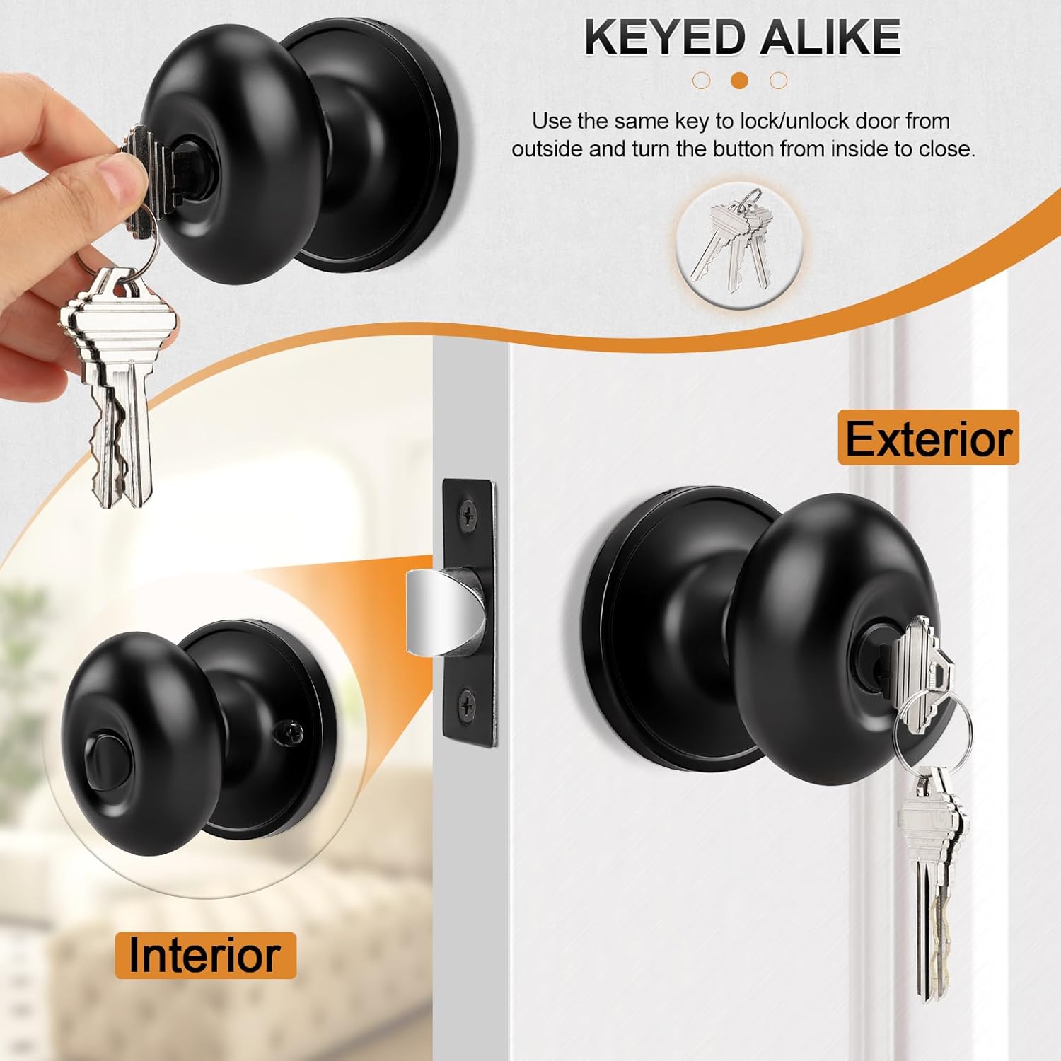 Probrico Pomos de puerta de entrada con llave igual, ovalados, color negro, con cerradura de perillas de puerta delanteraexterior, paquete de 5