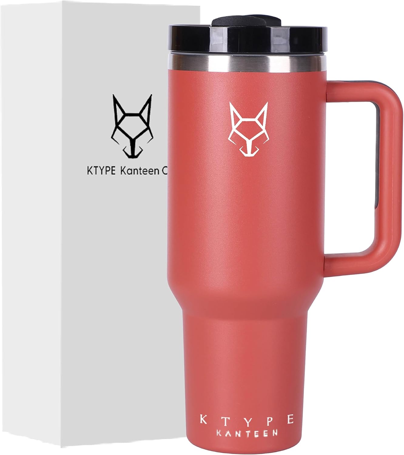 KTYPE Kanteen Vaso de acero inoxidable de 40 onzas con asa, tapa y pajita, recubierto de polvo o recubierto de goma, aislamiento al vacío de doble