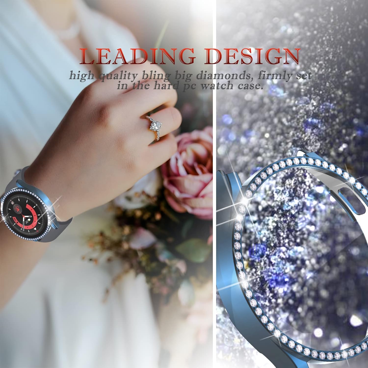 Funda brillante de 1.772 pulgadas compatible con Samsung Galaxy Watch 5 Pro de 1.772 pulgadas, funda brillante con diamantes grandes, cubierta de